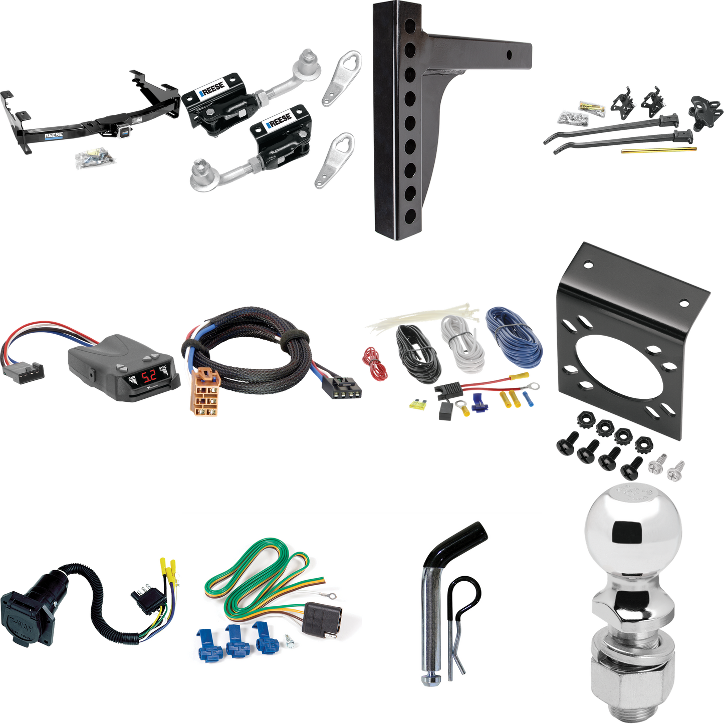 Fits 2001-2002 Chevrolet Silverado 3500 Trailer Hitch Tow PKG w/ 12K Trunnion Bar Weight Distribution Hitch + Pin/Clip + Dual Cam Sway Control + 2-5/16" Ball + Tekonsha Brakeman IV Brake Control + Plug & Play BC Adapter + 7-Way RV Wiring By Reese Tow