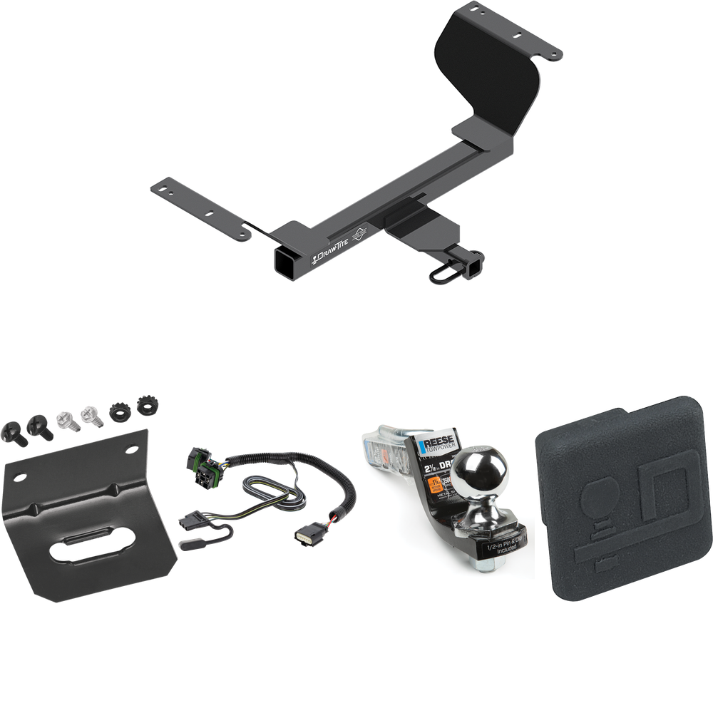 Fits 2018-2023 GMC Terrain Trailer Hitch Tow PKG w/ 4-Flat Wiring Harness + Interlock Starter Kit w/ 2" Ball 2-1/2" Drop 2" Rise + Wiring Bracket + Hitch Cover (Excludes: Diesel Engine Models) By Draw-Tite