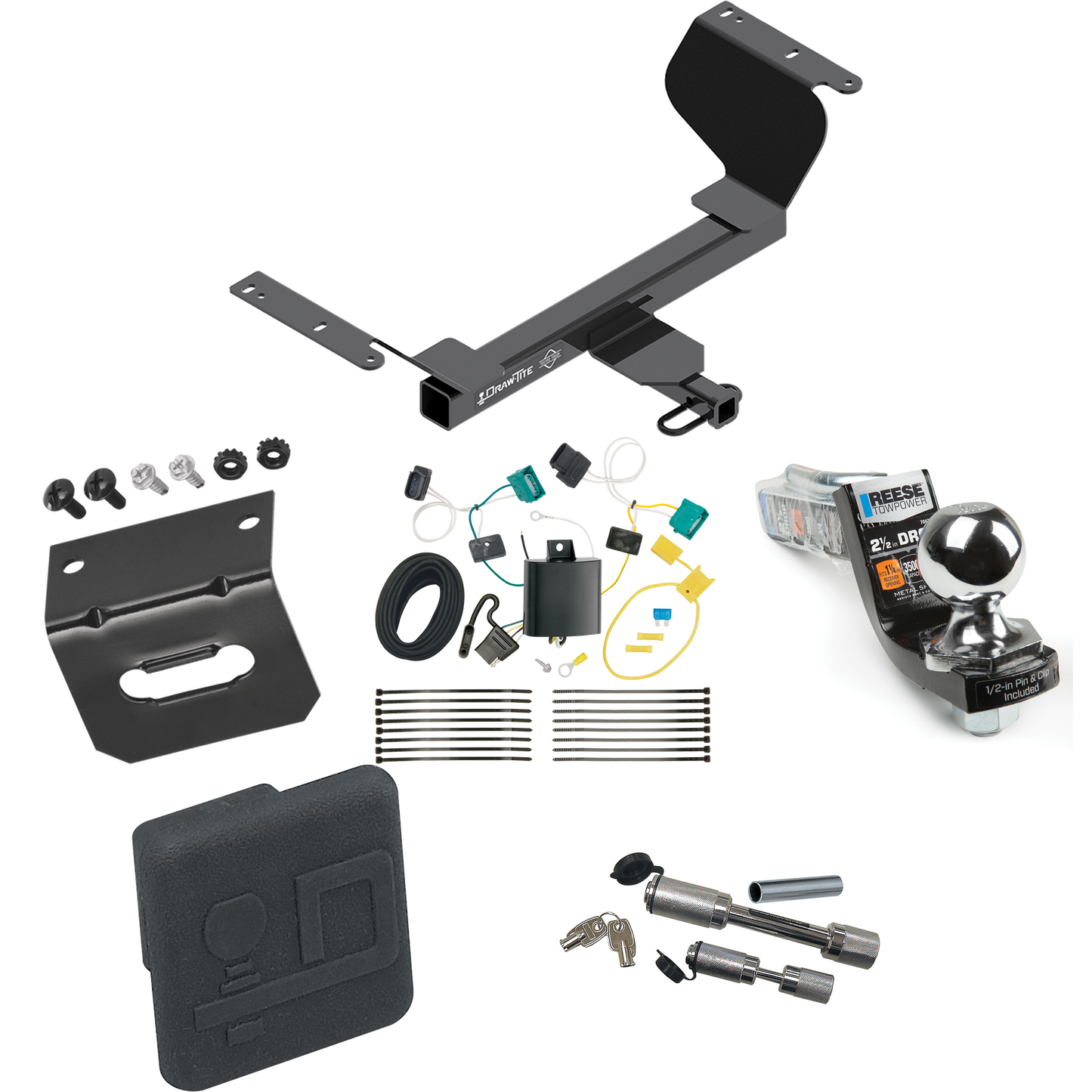 Fits 2018-2021 Chevrolet Equinox Trailer Hitch Tow PKG w/ 4-Flat Wiring Harness + Interlock Starter Kit w/ 2" Ball 2-1/2" Drop 2" Rise + Wiring Bracket + Hitch Cover + Dual Hitch & Coupler Locks (Excludes: Premier or Models w/1.6L Diesel Engine Model