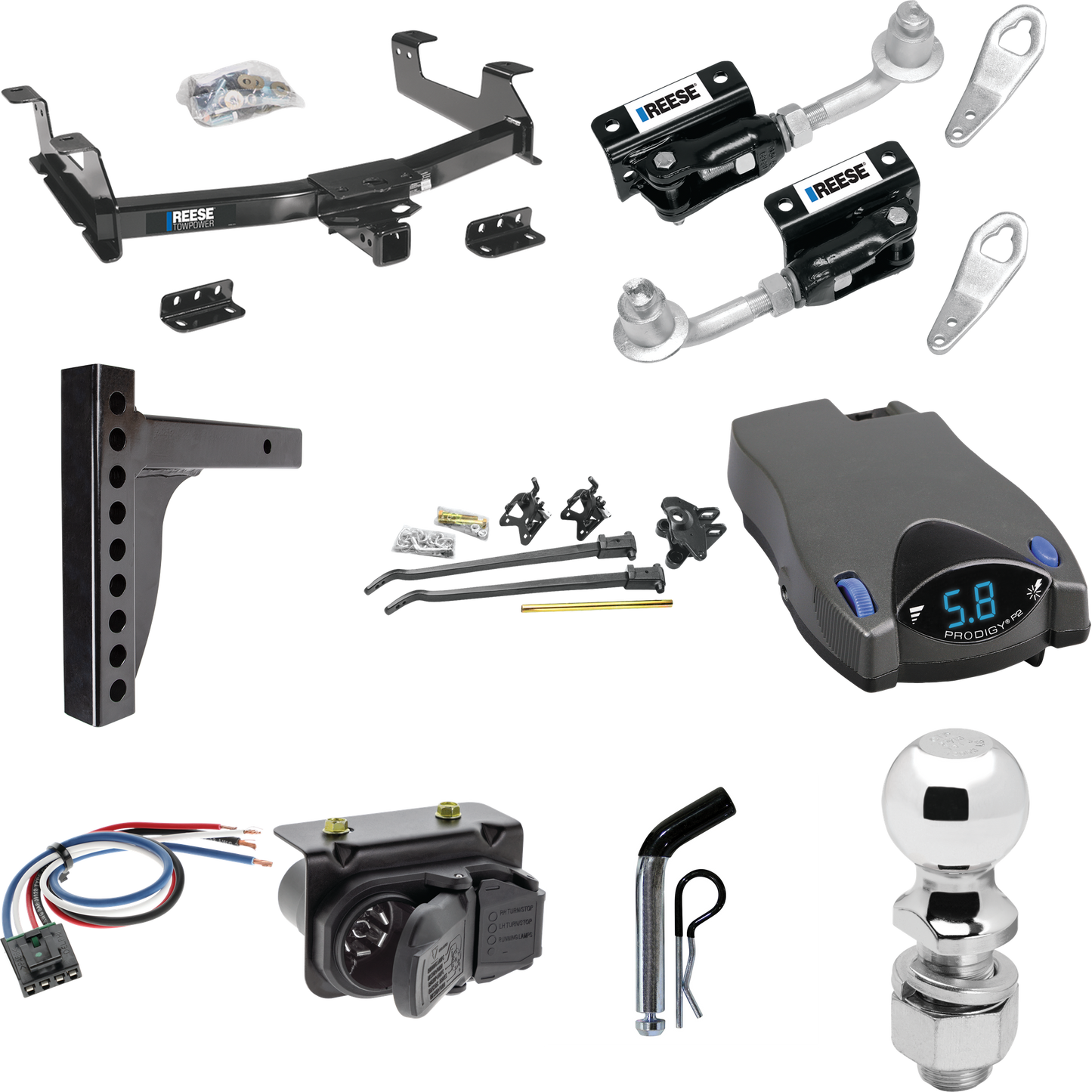 Fits 2011-2014 Chevrolet Silverado 2500 HD Trailer Hitch Tow PKG w/ 12K Trunnion Bar Weight Distribution Hitch + Pin/Clip + Dual Cam Sway Control + 2-5/16" Ball + Tekonsha Prodigy P2 Brake Control + Generic BC Wiring Adapter + 7-Way RV Wiring By Rees