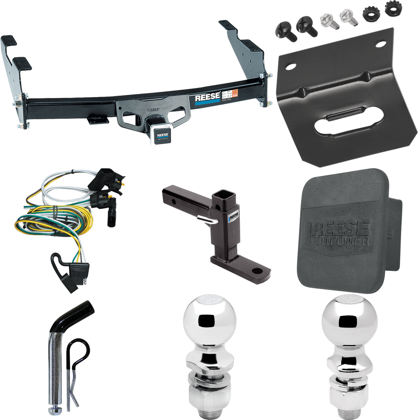 Fits 2004-2004 Ford F-150 Heritage Trailer Hitch Tow PKG w/ 4-Flat Wiring + Adjustable Drop Rise Ball Mount + Pin/Clip + 2" Ball + 2-5/16" Ball + Wiring Bracket + Hitch Cover (For Flareside Models) By Reese Towpower