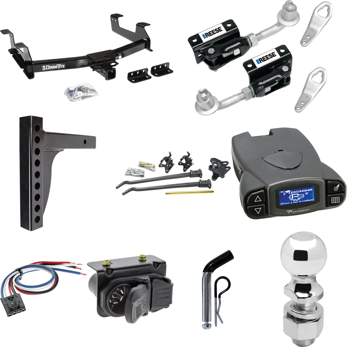 Fits 2011-2014 GMC Sierra 3500 HD Trailer Hitch Tow PKG w/ 12K Trunnion Bar Weight Distribution Hitch + Pin/Clip + Dual Cam Sway Control + 2-5/16" Ball + Tekonsha Prodigy P3 Brake Control + Generic BC Wiring Adapter + 7-Way RV Wiring By Draw-Tite