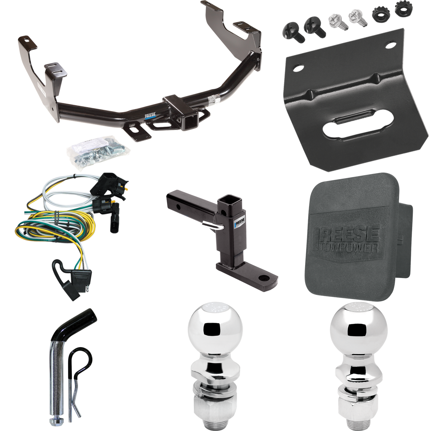 Se adapta al paquete de enganche para remolque Ford F-150 Heritage 2004-2004 con cableado plano de 4 + soporte de bola ajustable + pasador/clip + bola de 2" + bola de 2-5/16" + soporte de cableado + cubierta de enganche de Reese Towpower