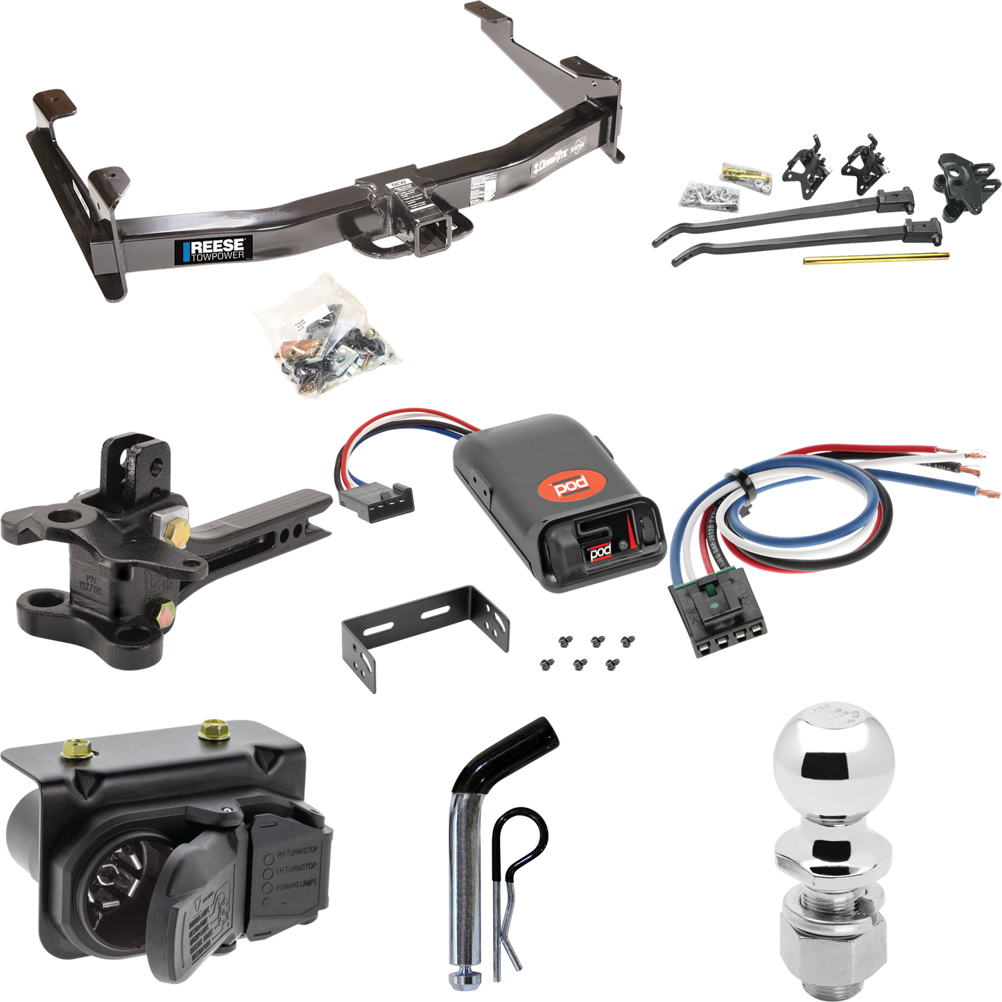 Fits 2007-2010 Chevrolet Silverado 2500 HD Trailer Hitch Tow PKG w/ 17K Trunnion Bar Weight Distribution Hitch + Pin/Clip + 2-5/16" Ball + Pro Series POD Brake Control + Generic BC Wiring Adapter + 7-Way RV Wiring By Reese Towpower