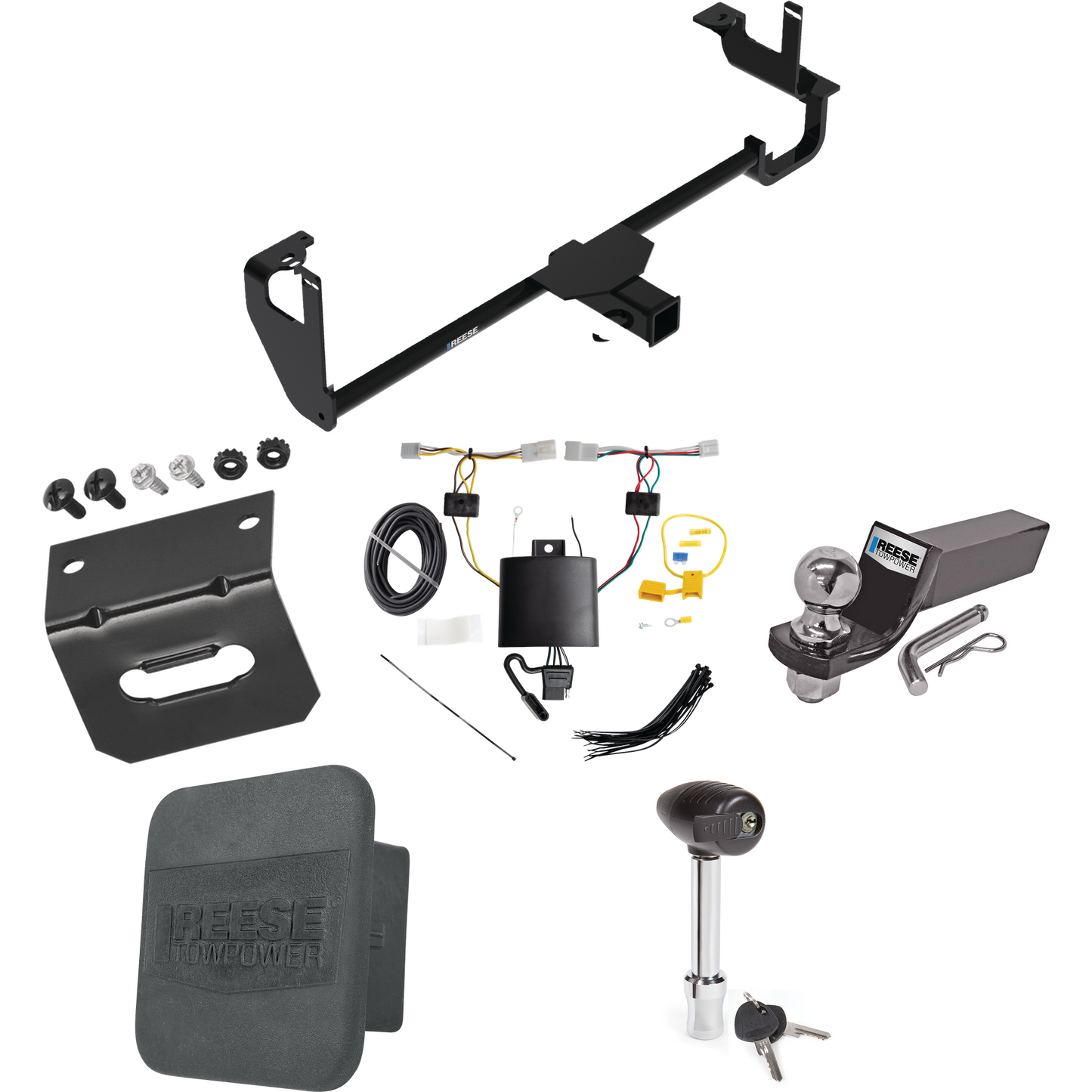 Fits 2019-2022 Lexus UX250h Trailer Hitch Tow PKG w/ 4-Flat Wiring + Starter Kit Ball Mount w/ 2" Drop & 2" Ball + 1-7/8" Ball + Wiring Bracket + Hitch Lock + Hitch Cover By Reese Towpower