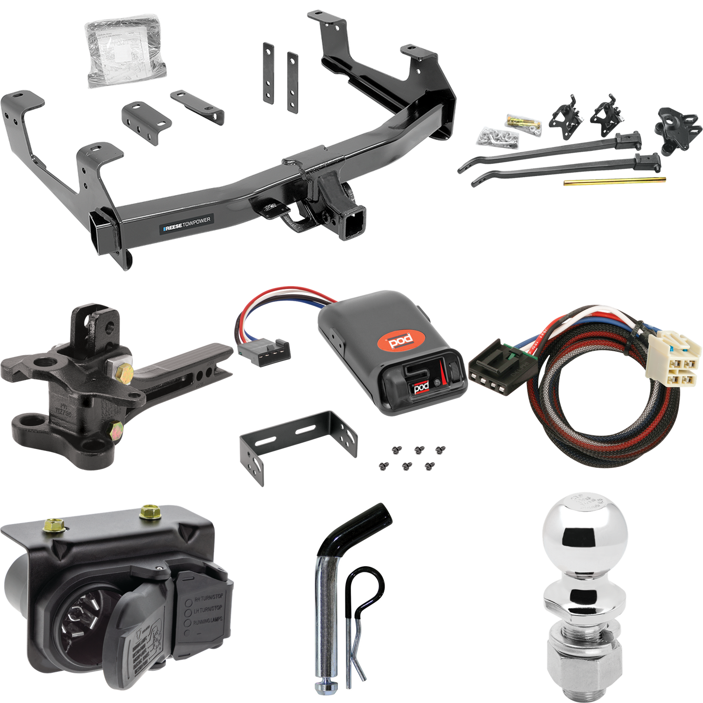 Fits 2015-2019 GMC Sierra 3500 HD Trailer Hitch Tow PKG w/ 17K Trunnion Bar Weight Distribution Hitch + Pin/Clip + 2-5/16" Ball + Pro Series POD Brake Control + Plug & Play BC Adapter + 7-Way RV Wiring By Reese Towpower