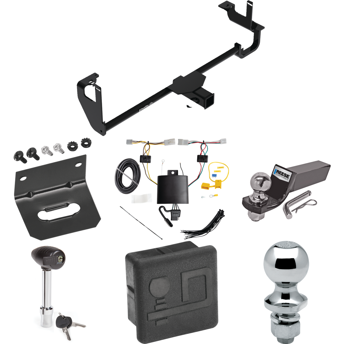 Fits 2019-2022 Lexus UX250h Trailer Hitch Tow PKG w/ 4-Flat Wiring + Starter Kit Ball Mount w/ 2" Drop & 2" Ball + 1-7/8" Ball + Wiring Bracket + Hitch Lock + Hitch Cover By Draw-Tite