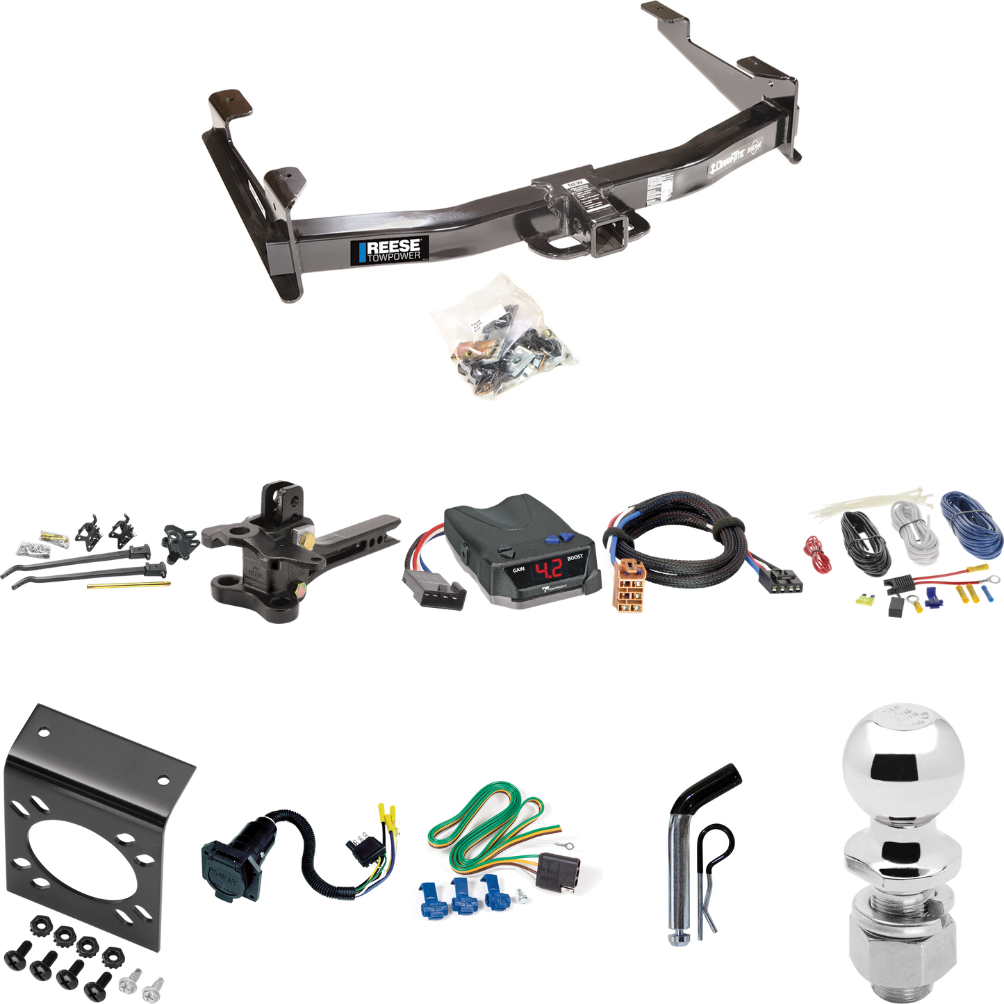 Fits 2001-2002 GMC Sierra 2500 HD Trailer Hitch Tow PKG w/ 17K Trunnion Bar Weight Distribution Hitch + Pin/Clip + 2-5/16" Ball + Tekonsha BRAKE-EVN Brake Control + Plug & Play BC Adapter + 7-Way RV Wiring By Reese Towpower