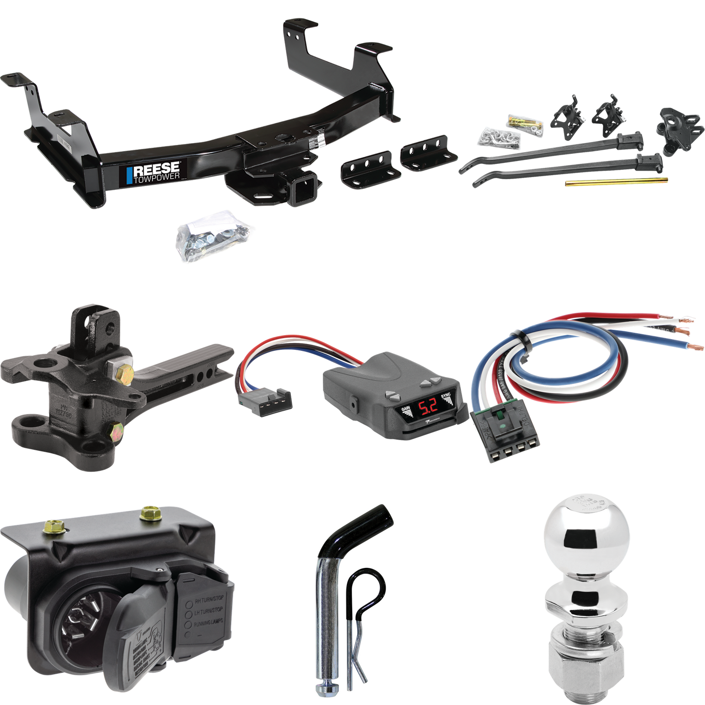 Fits 2011-2014 GMC Sierra 2500 HD Trailer Hitch Tow PKG w/ 17K Trunnion Bar Weight Distribution Hitch + Pin/Clip + 2-5/16" Ball + Tekonsha Brakeman IV Brake Control + Generic BC Wiring Adapter + 7-Way RV Wiring By Reese Towpower