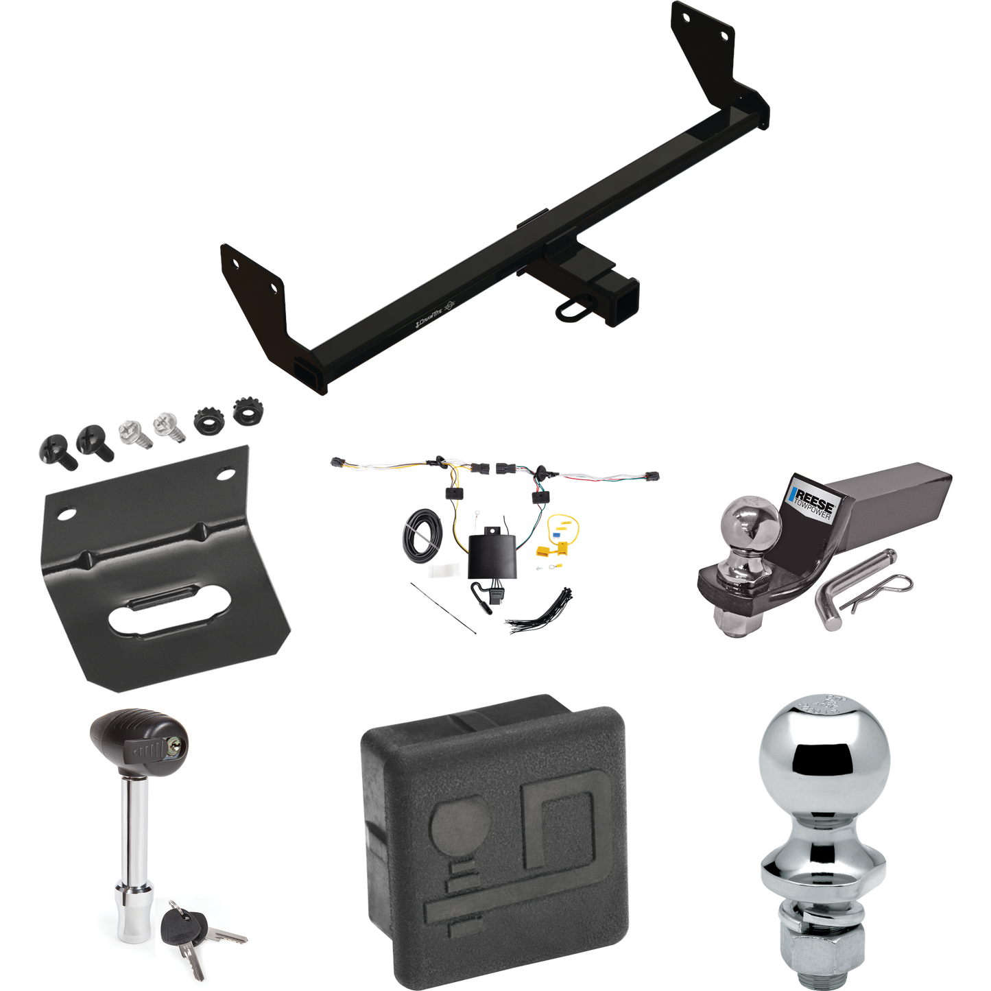 Fits 2021-2023 KIA Seltos Trailer Hitch Tow PKG w/ 4-Flat Wiring + Starter Kit Ball Mount w/ 2" Drop & 2" Ball + 1-7/8" Ball + Wiring Bracket + Hitch Lock + Hitch Cover By Draw-Tite