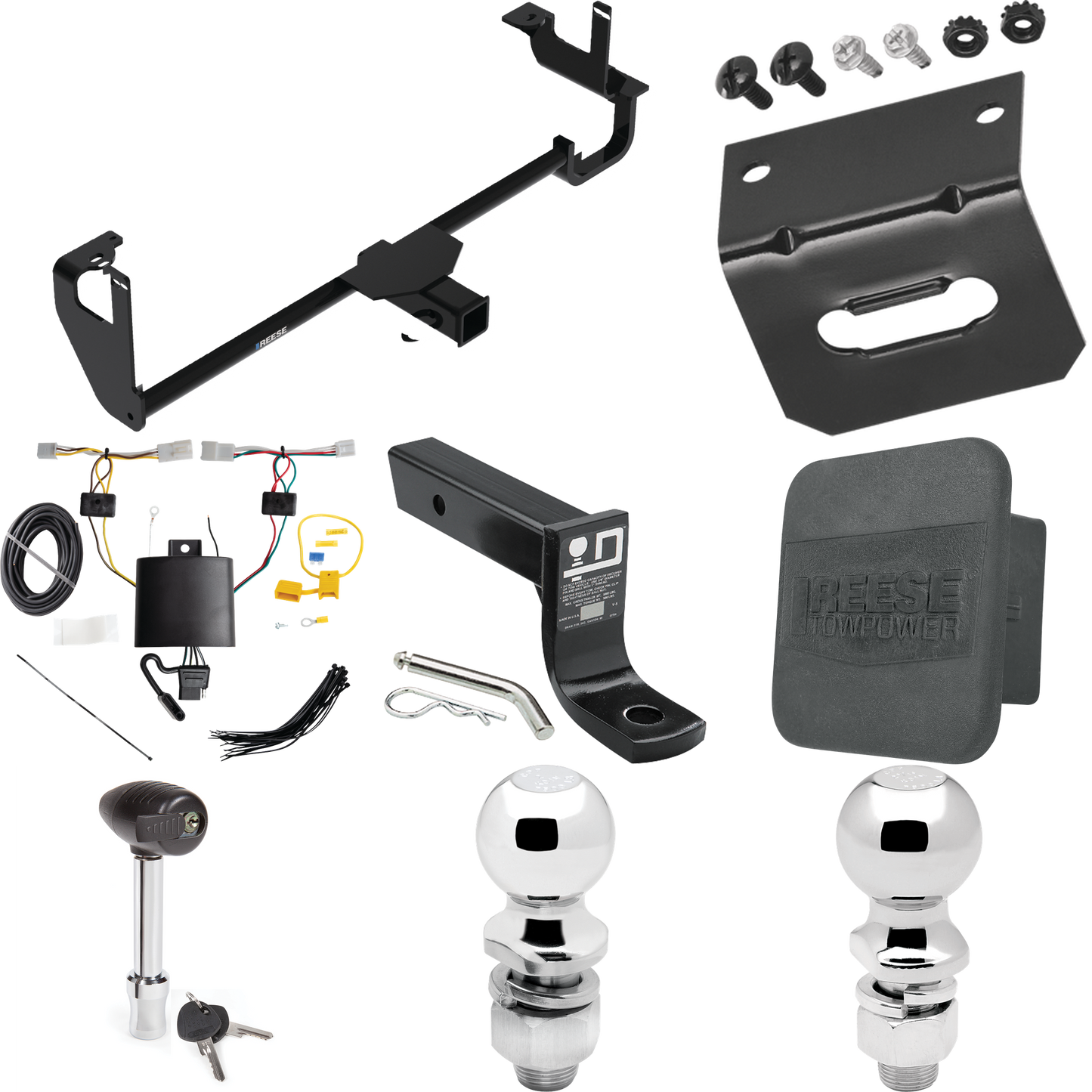 Fits 2019-2022 Lexus UX250h Trailer Hitch Tow PKG w/ 4-Flat Wiring + Ball Mount w/ 4" Drop + 2" Ball + 2-5/16" Ball + Wiring Bracket + Hitch Lock + Hitch Cover By Reese Towpower