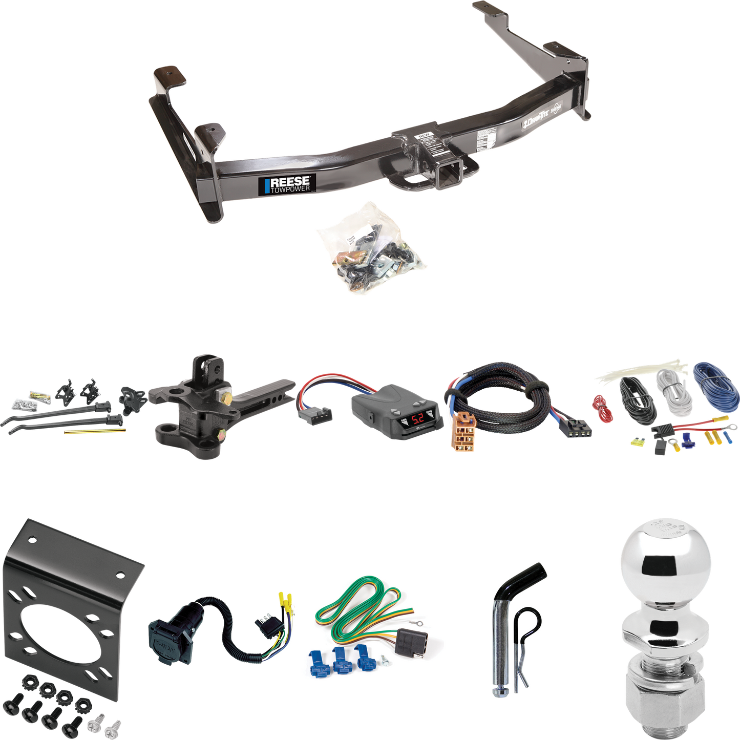 Fits 2001-2002 GMC Sierra 2500 HD Trailer Hitch Tow PKG w/ 17K Trunnion Bar Weight Distribution Hitch + Pin/Clip + 2-5/16" Ball + Tekonsha Brakeman IV Brake Control + Plug & Play BC Adapter + 7-Way RV Wiring By Reese Towpower