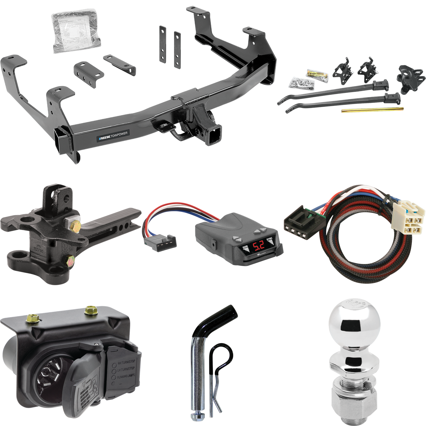 Fits 2015-2019 Chevrolet Silverado 3500 HD Trailer Hitch Tow PKG w/ 17K Trunnion Bar Weight Distribution Hitch + Pin/Clip + 2-5/16" Ball + Tekonsha Brakeman IV Brake Control + Plug & Play BC Adapter + 7-Way RV Wiring By Reese Towpower