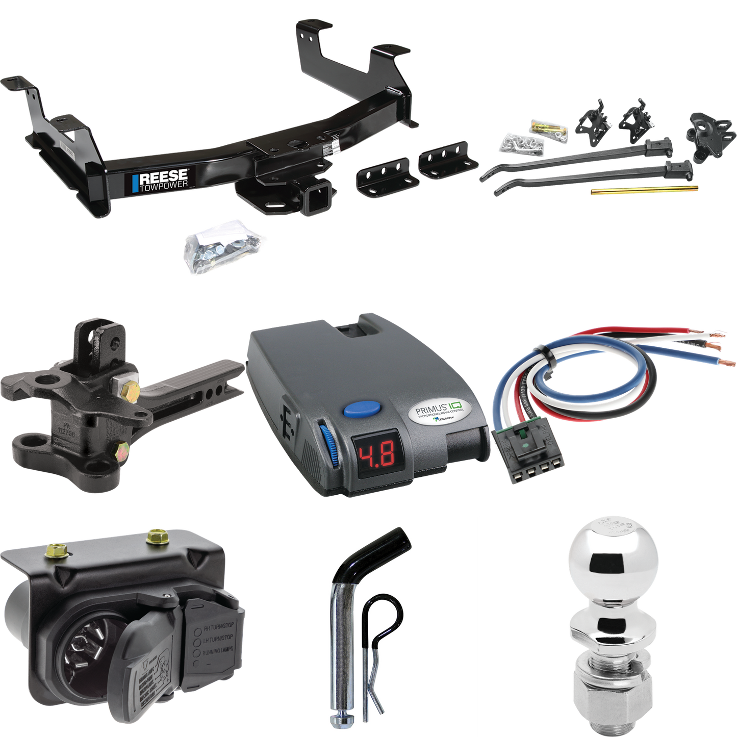 Fits 2011-2014 Chevrolet Silverado 3500 HD Trailer Hitch Tow PKG w/ 17K Trunnion Bar Weight Distribution Hitch + Pin/Clip + 2-5/16" Ball + Tekonsha Primus IQ Brake Control + Generic BC Wiring Adapter + 7-Way RV Wiring By Reese Towpower