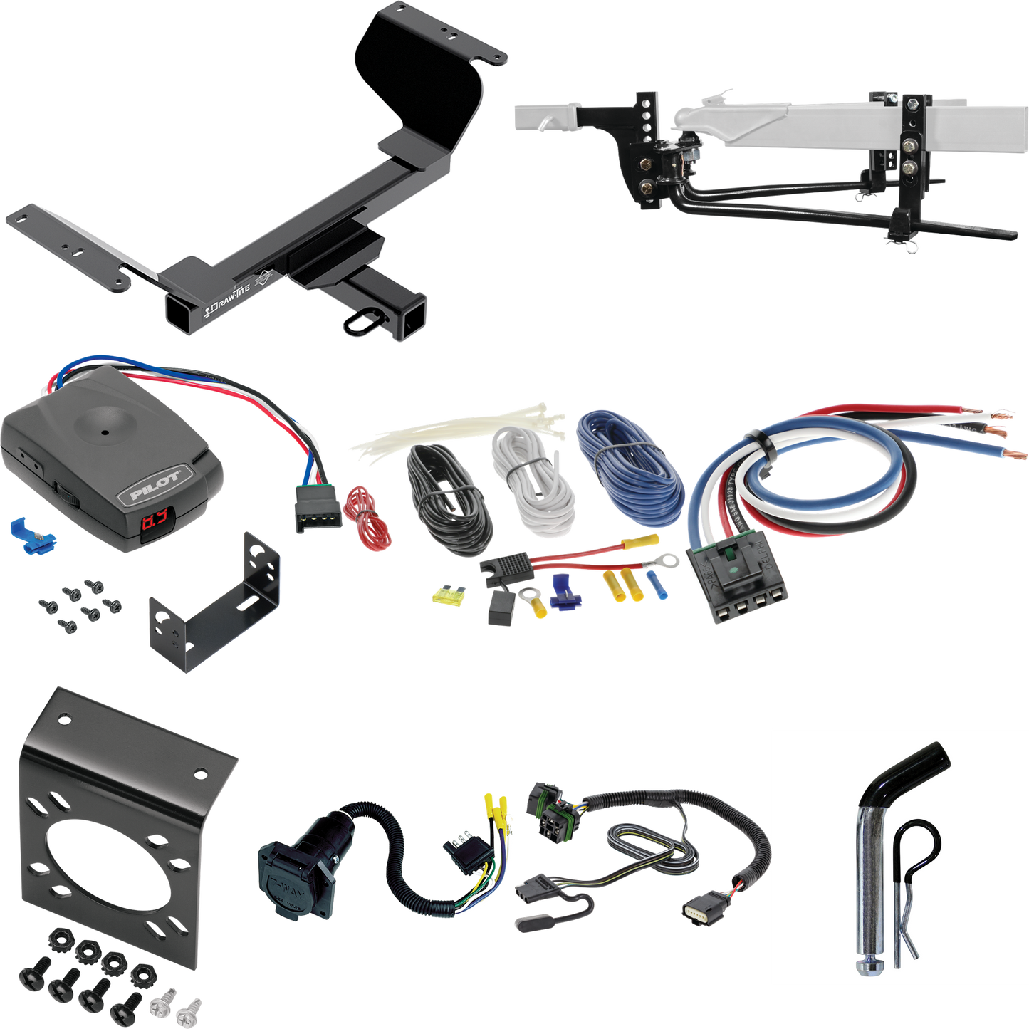 Fits 2022-2023 Chevrolet Equinox Trailer Hitch Tow PKG w/ 8K Round Bar Weight Distribution Hitch w/ 2-5/16" Ball + Pin/Clip + Pro Series Pilot Brake Control + Generic BC Wiring Adapter + 7-Way RV Wiring (Excludes: Premier or Models w/1.6L Diesel Engi