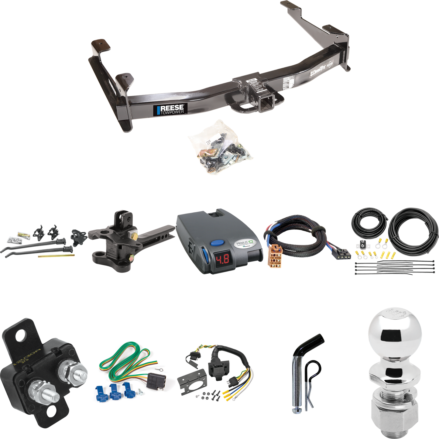 Fits 2001-2002 GMC Sierra 3500 Trailer Hitch Tow PKG w/ 17K Trunnion Bar Weight Distribution Hitch + Pin/Clip + 2-5/16" Ball + Tekonsha Primus IQ Brake Control + Plug & Play BC Adapter + 7-Way RV Wiring By Reese Towpower