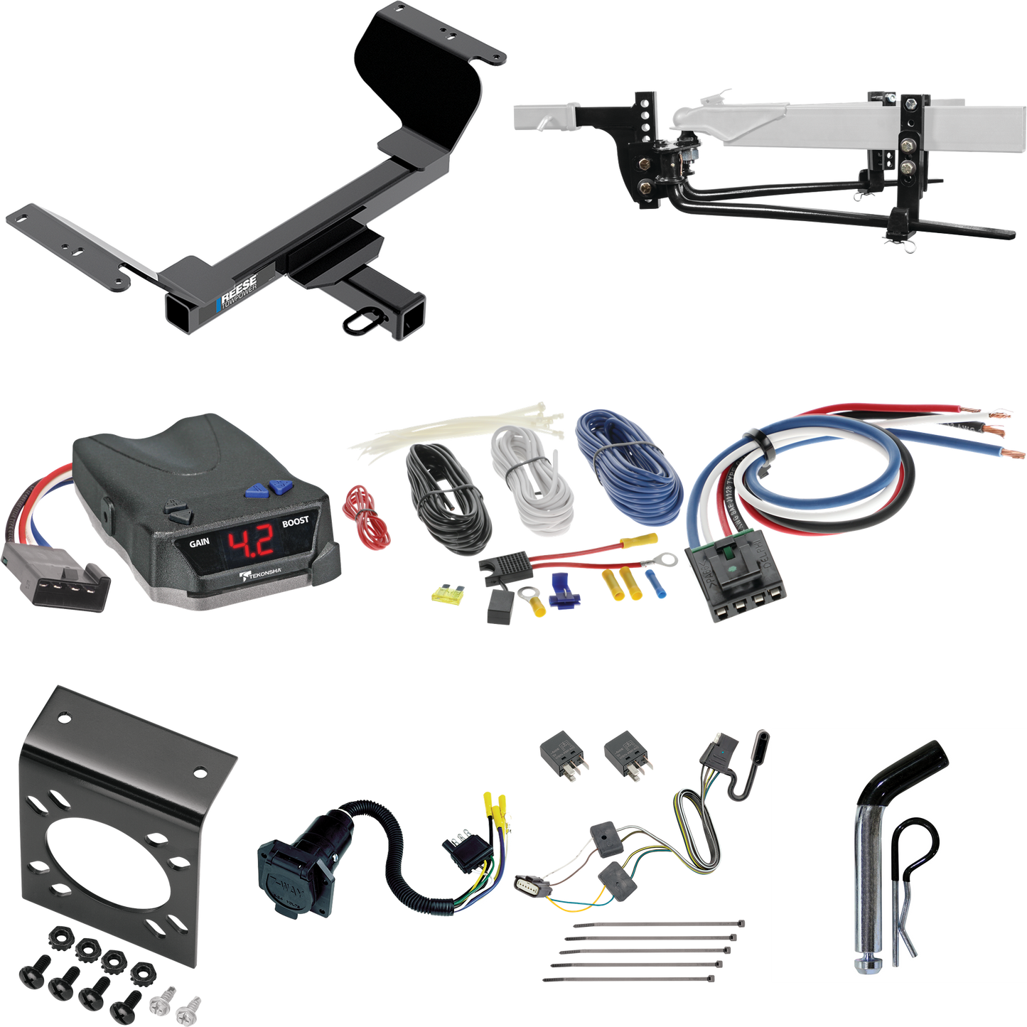 Fits 2018-2021 Chevrolet Equinox Trailer Hitch Tow PKG w/ 8K Round Bar Weight Distribution Hitch w/ 2-5/16" Ball + Pin/Clip + Tekonsha BRAKE-EVN Brake Control + Generic BC Wiring Adapter + 7-Way RV Wiring (Excludes: Premier or Models w/1.6L Diesel En