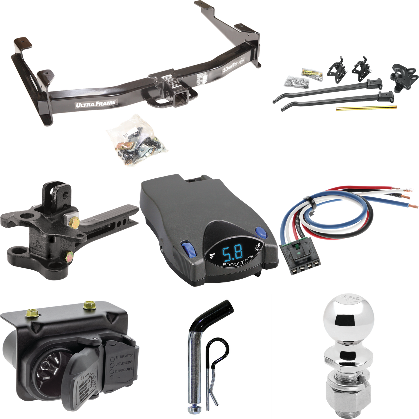 Fits 2007-2010 GMC Sierra 3500 HD Trailer Hitch Tow PKG w/ 17K Trunnion Bar Weight Distribution Hitch + Pin/Clip + 2-5/16" Ball + Tekonsha Prodigy P2 Brake Control + Generic BC Wiring Adapter + 7-Way RV Wiring By Draw-Tite