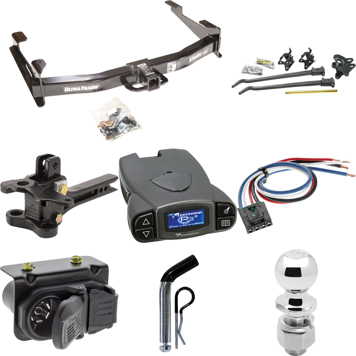 Fits 2007-2010 GMC Sierra 3500 HD Trailer Hitch Tow PKG w/ 17K Trunnion Bar Weight Distribution Hitch + Pin/Clip + 2-5/16" Ball + Tekonsha Prodigy P3 Brake Control + Generic BC Wiring Adapter + 7-Way RV Wiring By Draw-Tite