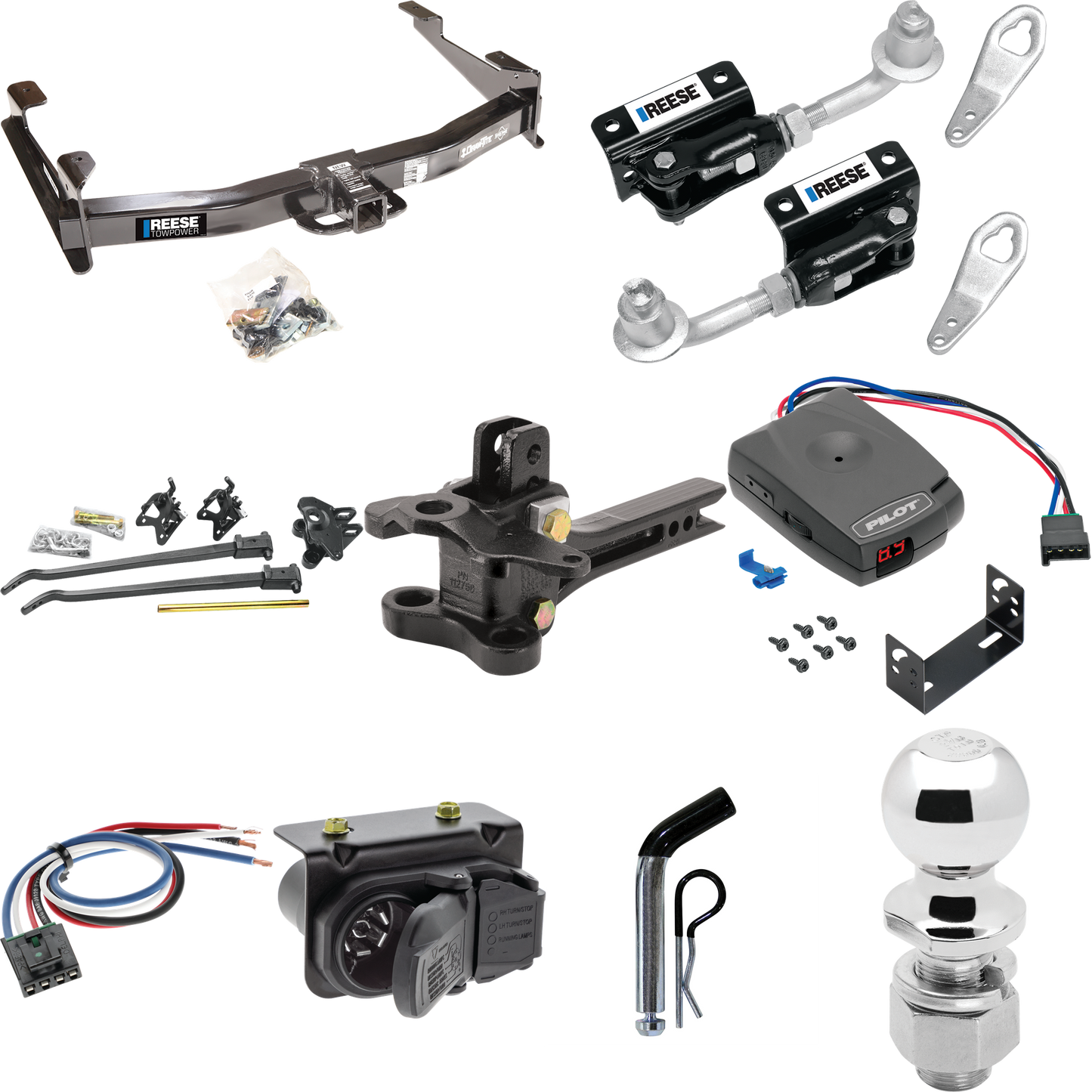 Fits 2007-2010 GMC Sierra 2500 HD Trailer Hitch Tow PKG w/ 17K Trunnion Bar Weight Distribution Hitch + Pin/Clip + Dual Cam Sway Control + 2-5/16" Ball + Pro Series Pilot Brake Control + Generic BC Wiring Adapter + 7-Way RV Wiring By Reese Towpower