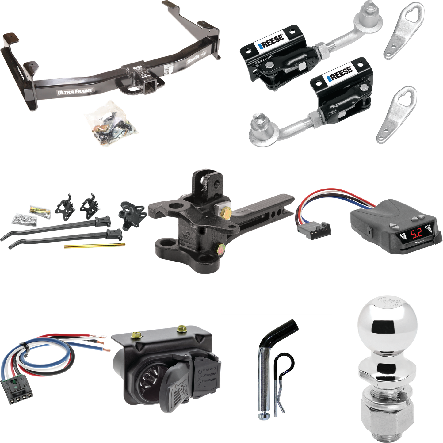 Fits 2007-2010 GMC Sierra 2500 HD Trailer Hitch Tow PKG w/ 17K Trunnion Bar Weight Distribution Hitch + Pin/Clip + Dual Cam Sway Control + 2-5/16" Ball + Tekonsha Brakeman IV Brake Control + Generic BC Wiring Adapter + 7-Way RV Wiring By Draw-Tite