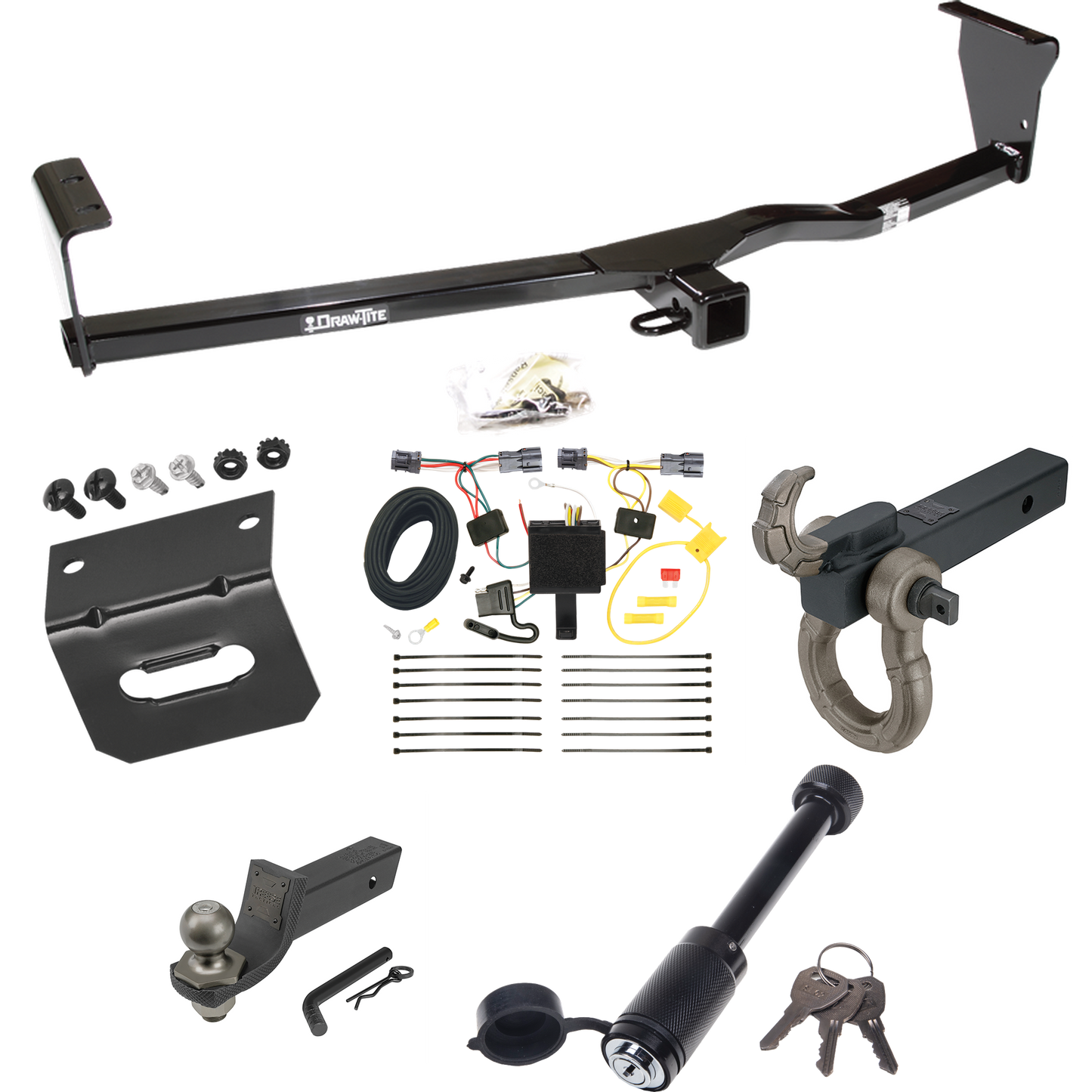 Fits 2011-2013 KIA Sorento Trailer Hitch Tow PKG w/ 4-Flat Wiring + Interlock Tactical Starter Kit w/ 2" Drop & 2" Ball + Tactical Hook & Shackle Mount + Tactical Dogbone Lock + Wiring Bracket (For Base, w/I4 Engine Models) By Draw-Tite