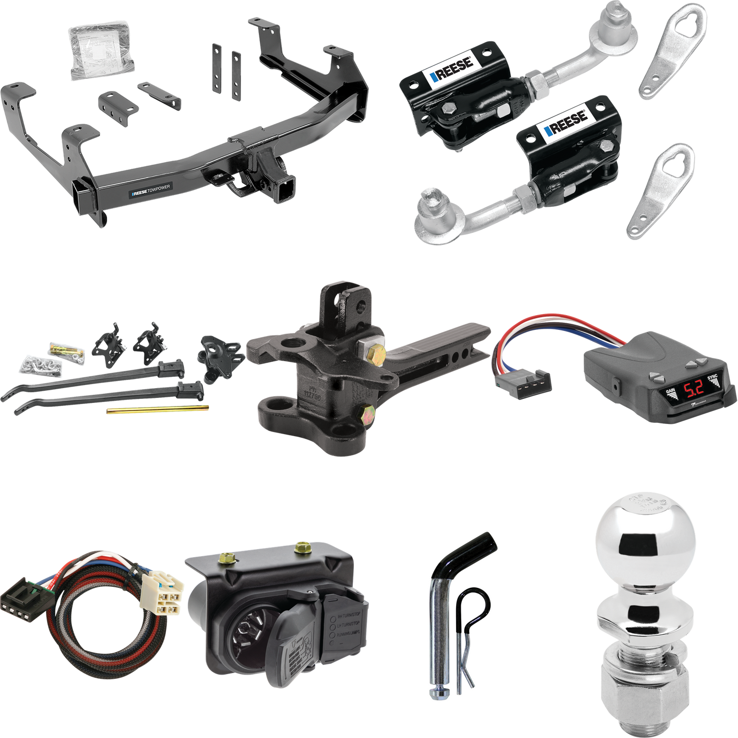 Fits 2015-2019 GMC Sierra 3500 HD Trailer Hitch Tow PKG w/ 17K Trunnion Bar Weight Distribution Hitch + Pin/Clip + Dual Cam Sway Control + 2-5/16" Ball + Tekonsha Brakeman IV Brake Control + Plug & Play BC Adapter + 7-Way RV Wiring By Reese Towpower