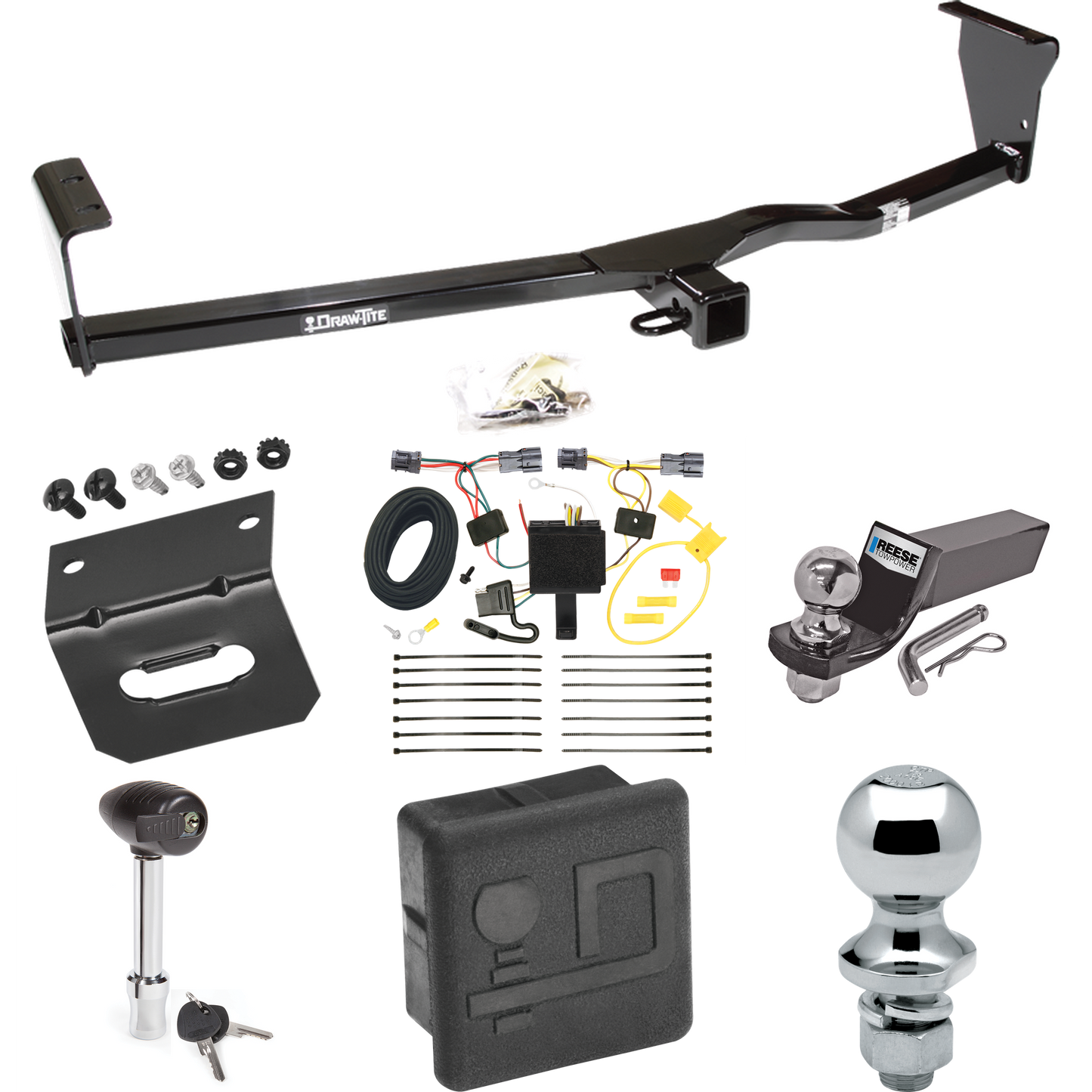 Fits 2011-2013 KIA Sorento Trailer Hitch Tow PKG w/ 4-Flat Wiring + Starter Kit Ball Mount w/ 2" Drop & 2" Ball + 1-7/8" Ball + Wiring Bracket + Hitch Lock + Hitch Cover (For EX, w/V6 Engine, Except w/Factory Tow Package Models) By Draw-Tite