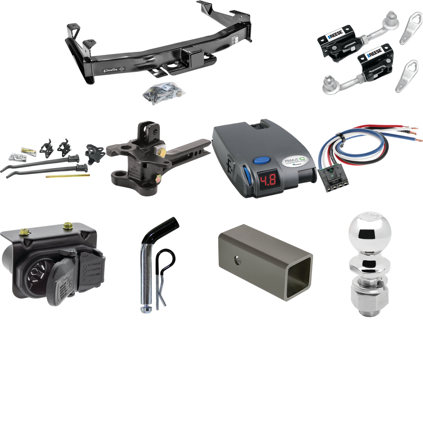 Fits 2007-2010 GMC Sierra 2500 HD Trailer Hitch Tow PKG w/ 17K Trunnion Bar Weight Distribution Hitch + Pin/Clip + Dual Cam Sway Control + 2-5/16" Ball + Tekonsha Primus IQ Brake Control + Generic BC Wiring Adapter + 7-Way RV Wiring By Draw-Tite