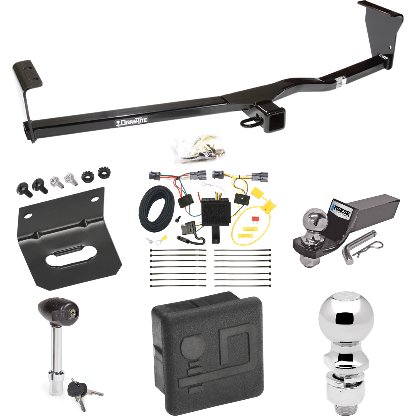 Fits 2011-2013 KIA Sorento Trailer Hitch Tow PKG w/ 4-Flat Wiring + Starter Kit Ball Mount w/ 2" Drop & 2" Ball + 2-5/16" Ball + Wiring Bracket + Hitch Lock + Hitch Cover (For LX, w/I4 Engine Models) By Draw-Tite