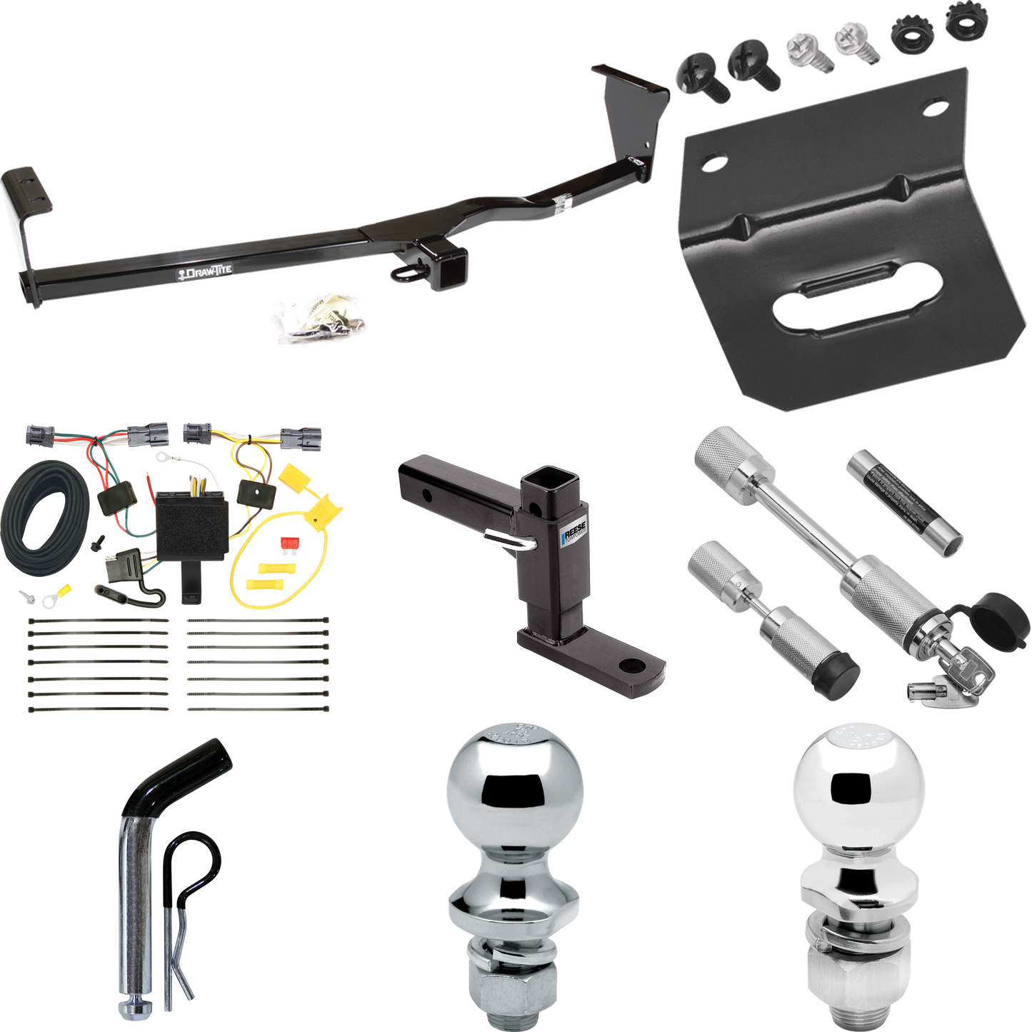 Fits 2011-2013 KIA Sorento Trailer Hitch Tow PKG w/ 4-Flat Wiring Harness + Adjustable Drop Rise Ball Mount + Pin/Clip + 2" Ball + 1-7/8" Ball + Dual Hitch & Coupler Locks (For LX, w/I4 Engine Models) By Draw-Tite