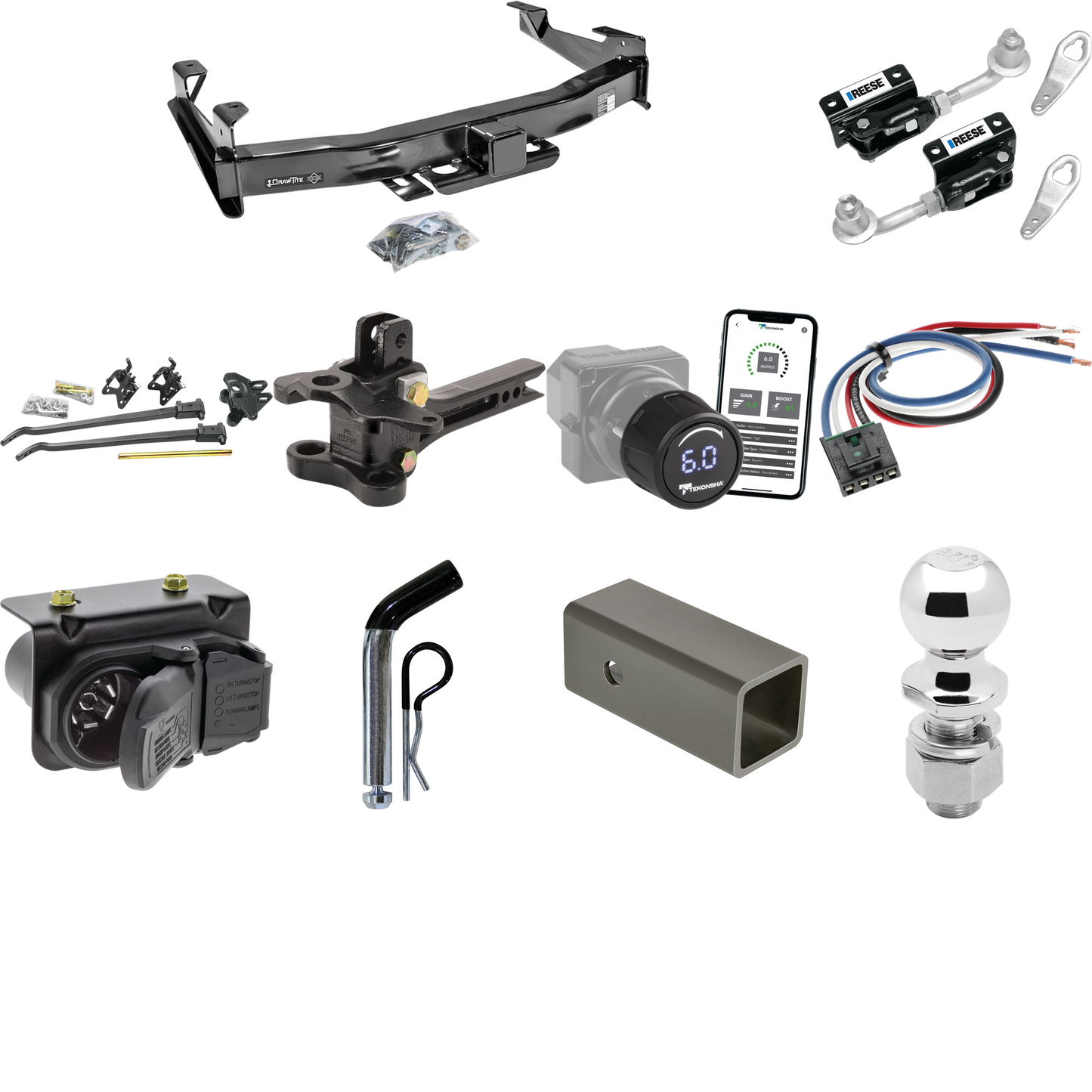 Fits 2007-2010 GMC Sierra 3500 HD Trailer Hitch Tow PKG w/ 17K Trunnion Bar Weight Distribution Hitch + Pin/Clip + Dual Cam Sway Control + 2-5/16" Ball + Tekonsha Prodigy iD Bluetooth Wireless Brake Control + Generic BC Wiring Adapter + 7-Way RV Wiri