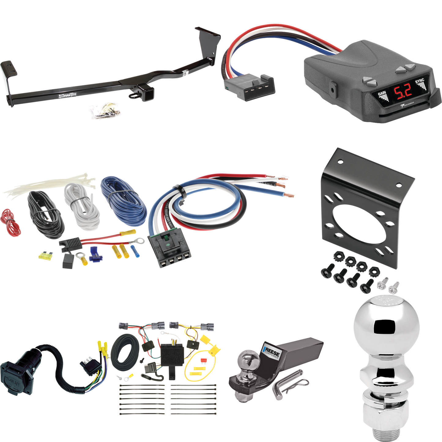 Fits 2011-2013 KIA Sorento Trailer Hitch Tow PKG w/ Tekonsha Brakeman IV Brake Control + Generic BC Wiring Adapter + 7-Way RV Wiring + 2" & 2-5/16" Ball & Drop Mount (For Base, w/I4 Engine Models) By Draw-Tite