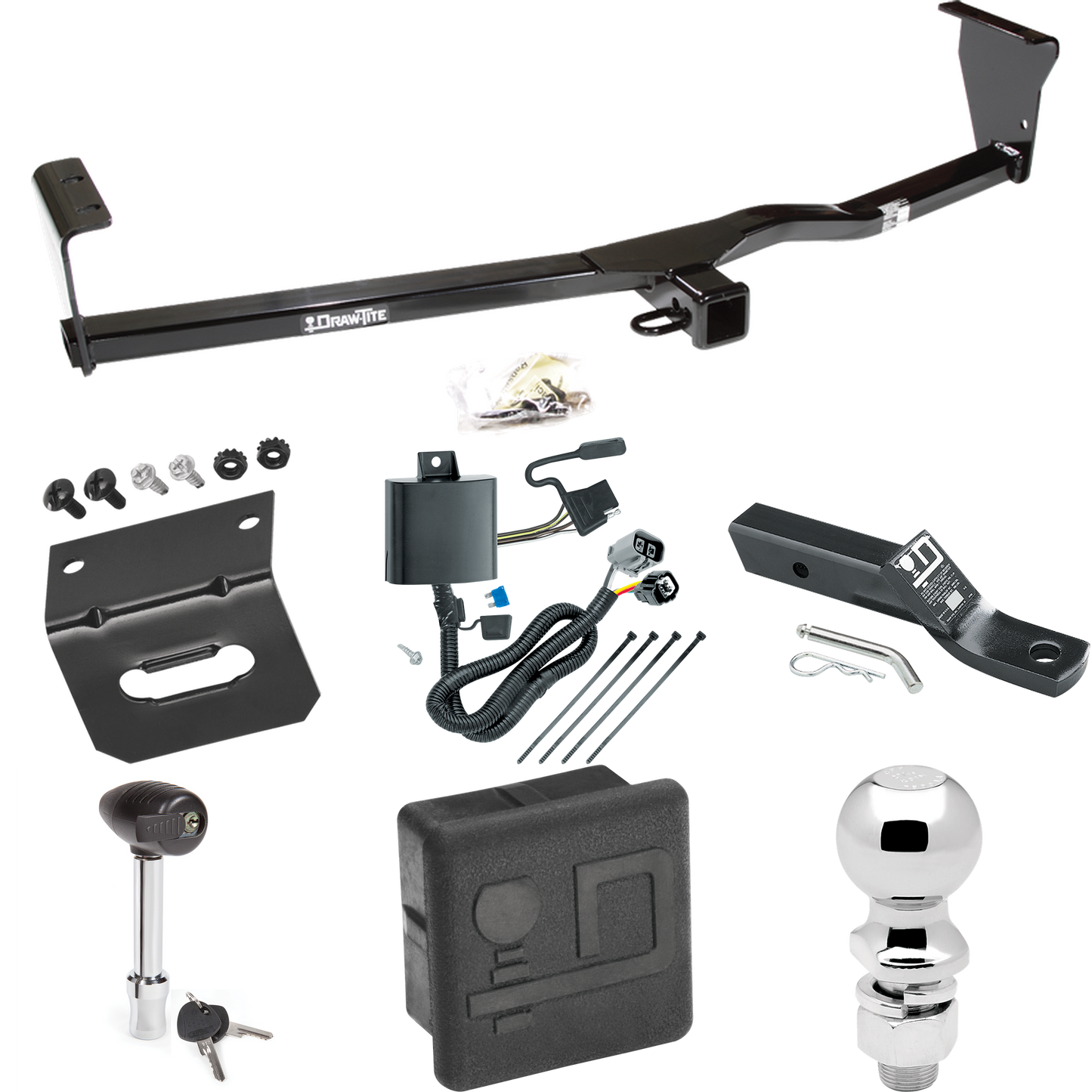 Fits 2011-2013 KIA Sorento Trailer Hitch Tow PKG w/ 4-Flat Wiring + Ball Mount w/ 2" Drop + 2-5/16" Ball + Wiring Bracket + Hitch Lock + Hitch Cover (For EX, w/V6 Engine, w/Factory Tow Package Models) By Draw-Tite