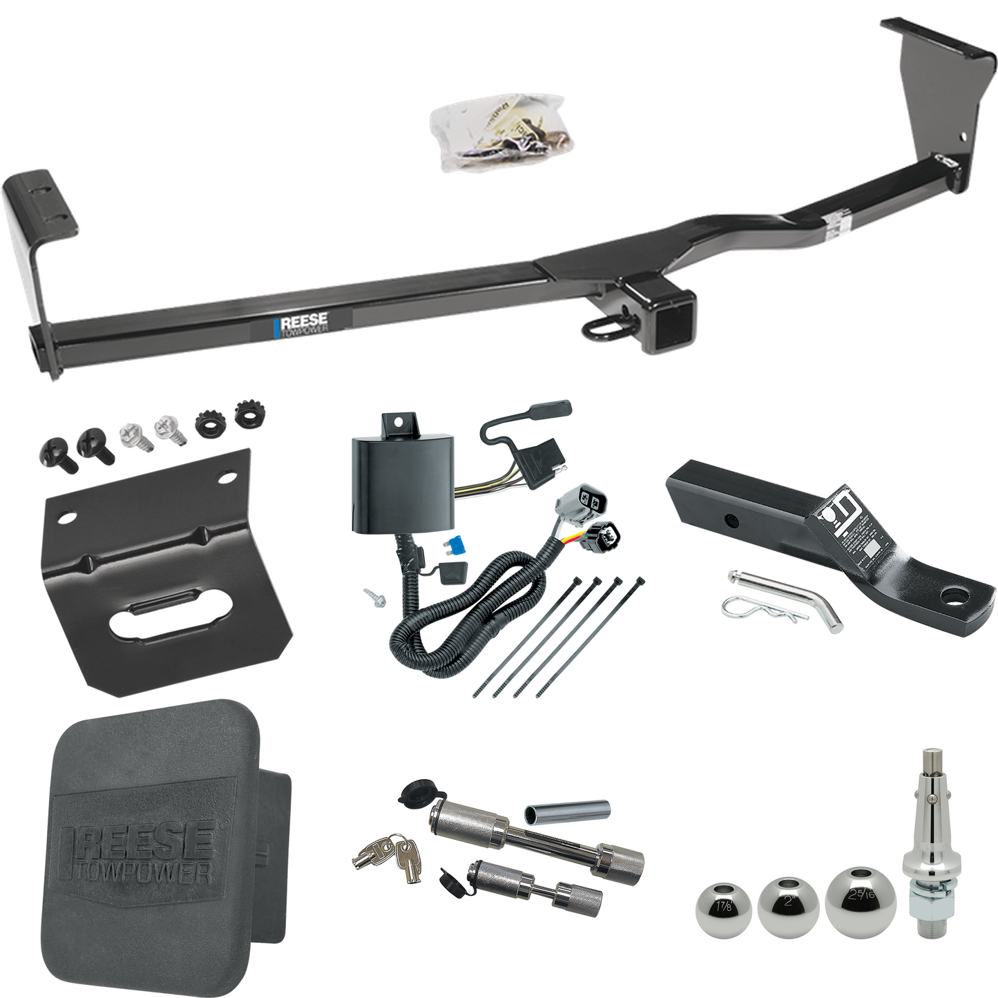 Fits 2011-2013 KIA Sorento Trailer Hitch Tow PKG w/ 4-Flat Wiring + Ball Mount w/ 2" Drop + Interchangeable Ball 1-7/8" & 2" & 2-5/16" + Wiring Bracket + Dual Hitch & Coupler Locks + Hitch Cover (For SX, w/V6 Engine Models) By Reese Towpower