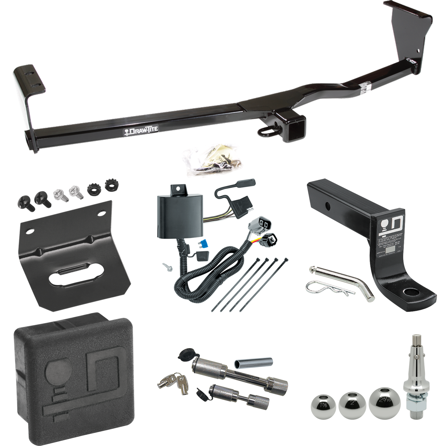 Fits 2011-2013 KIA Sorento Trailer Hitch Tow PKG w/ 4-Flat Wiring + Ball Mount w/ 4" Drop + Interchangeable Ball 1-7/8" & 2" & 2-5/16" + Wiring Bracket + Dual Hitch & Coupler Locks + Hitch Cover (For SX, w/V6 Engine Models) By Draw-Tite