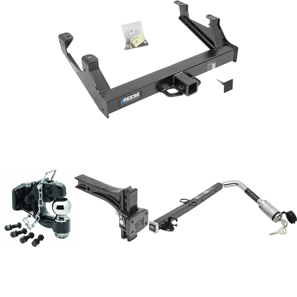 Fits 2015-2019 GMC Sierra 2500 HD Trailer Hitch Tow PKG w/ 2-1/2" to 2" Adapter 24" Length + Adjustable Pintle Hook Mounting Plate + Pintle Hook & 2-5/16" Ball Combination + Hitch Lock By Reese Towpower