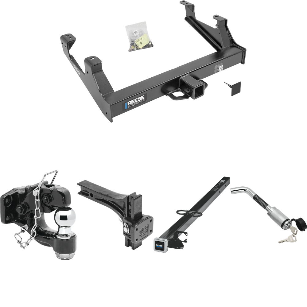 Fits 2015-2019 Chevrolet Silverado 3500 HD Trailer Hitch Tow PKG w/ 2-1/2" to 2" Adapter 41" Length + Adjustable Pintle Hook Mounting Plate + Pintle Hook & 2" Ball Combination + Hitch Lock By Reese Towpower