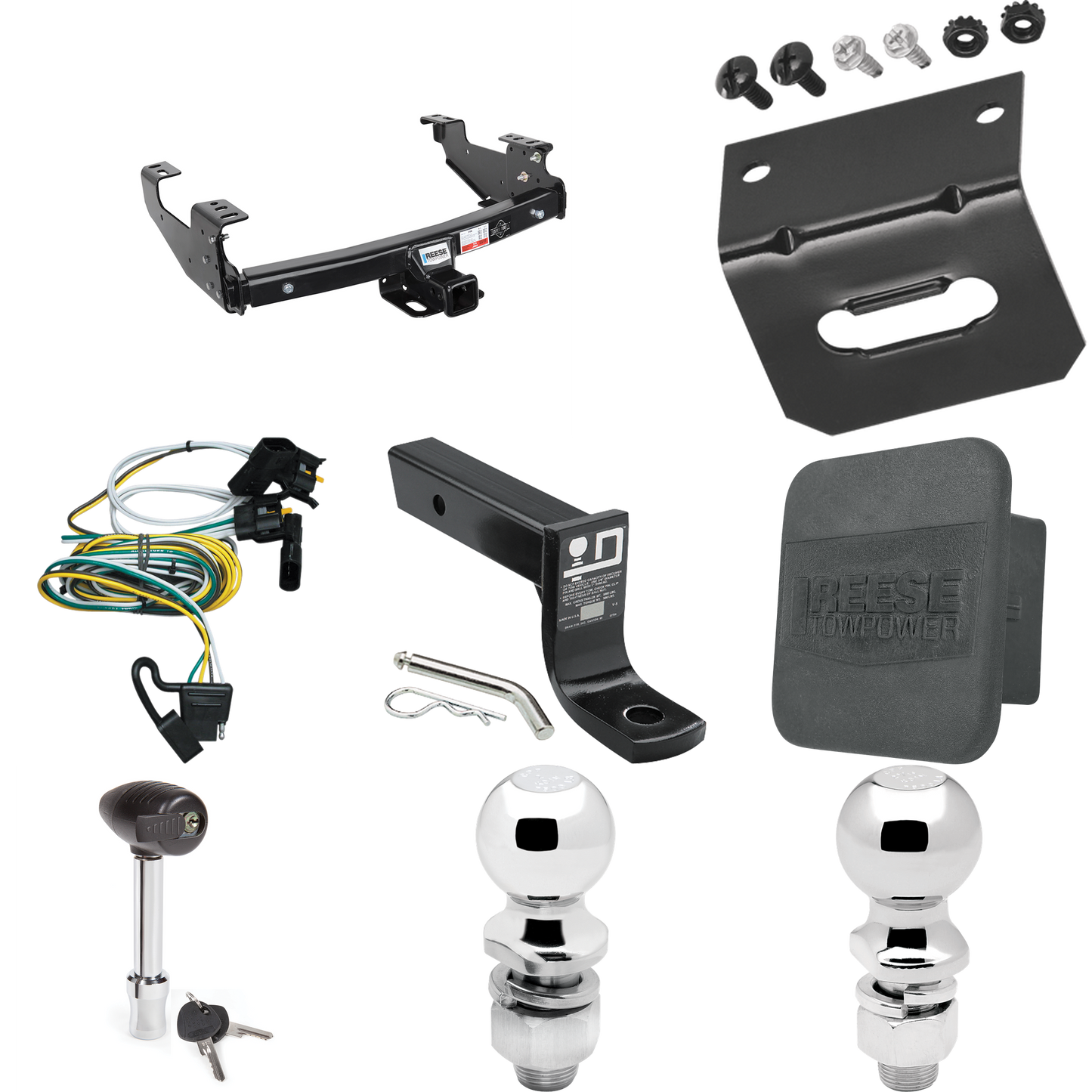 Fits 1997-2003 Ford F-150 Trailer Hitch Tow PKG w/ 4-Flat Wiring + Ball Mount w/ 4" Drop + 2" Ball + 2-5/16" Ball + Wiring Bracket + Hitch Lock + Hitch Cover (For Flareside Models) By Reese Towpower