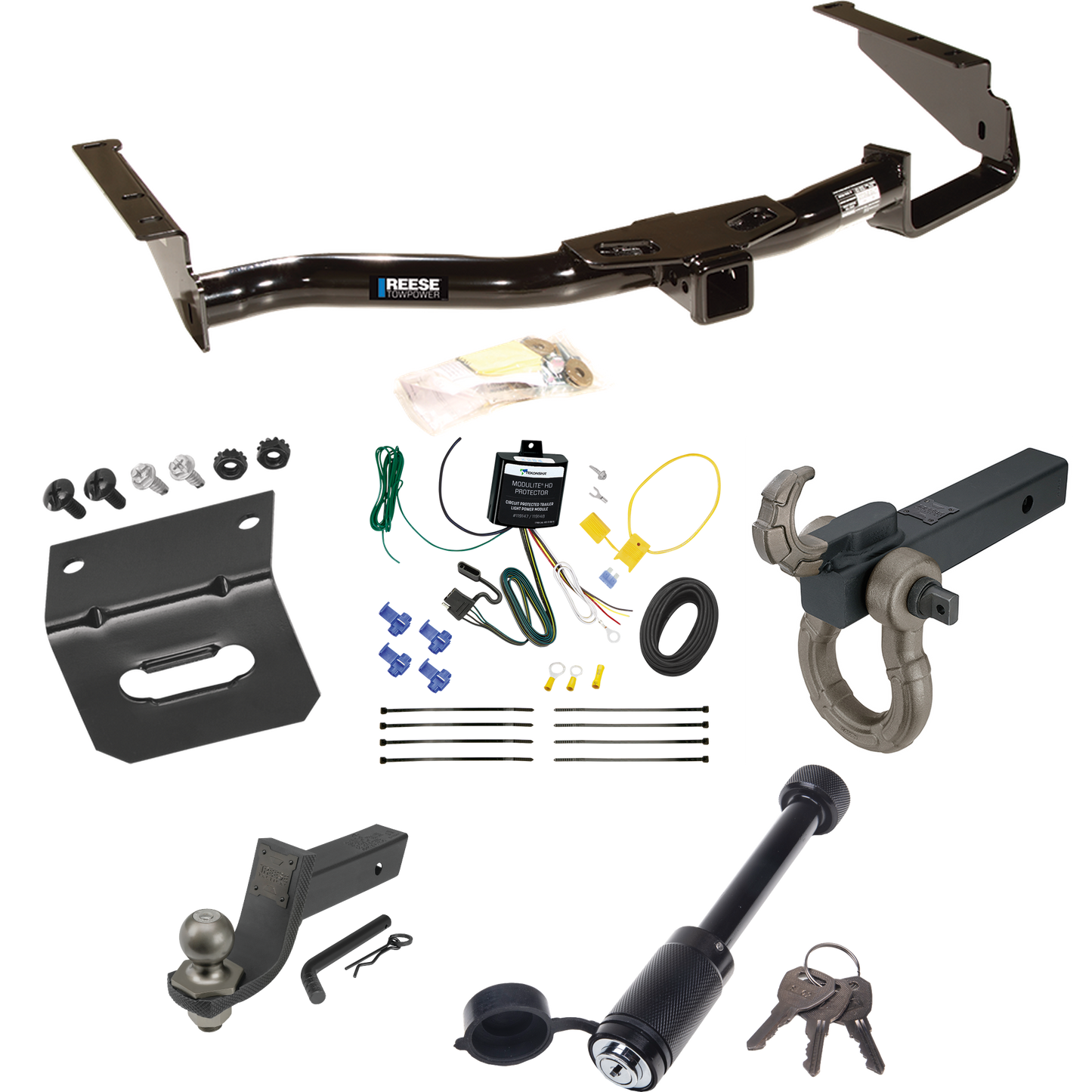 Fits 2006-2008 Lexus RX400h Trailer Hitch Tow PKG w/ 4-Flat Wiring + Interlock Tactical Starter Kit w/ 3-1/4" Drop & 2" Ball + Tactical Hook & Shackle Mount + Tactical Dogbone Lock + Wiring Bracket By Reese Towpower