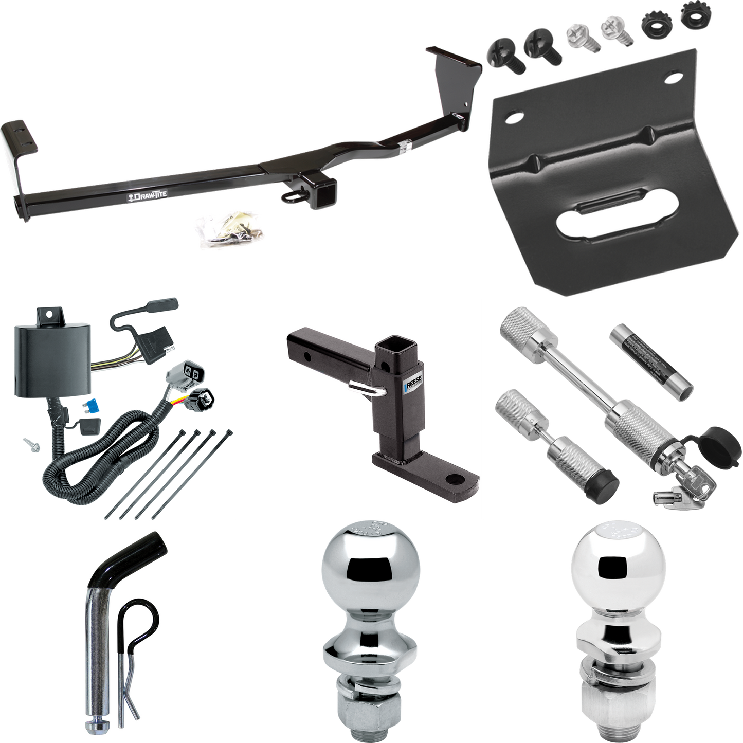 Fits 2011-2013 KIA Sorento Trailer Hitch Tow PKG w/ 4-Flat Wiring Harness + Adjustable Drop Rise Ball Mount + Pin/Clip + 2" Ball + 1-7/8" Ball + Dual Hitch & Coupler Locks (For SX, w/V6 Engine Models) By Draw-Tite