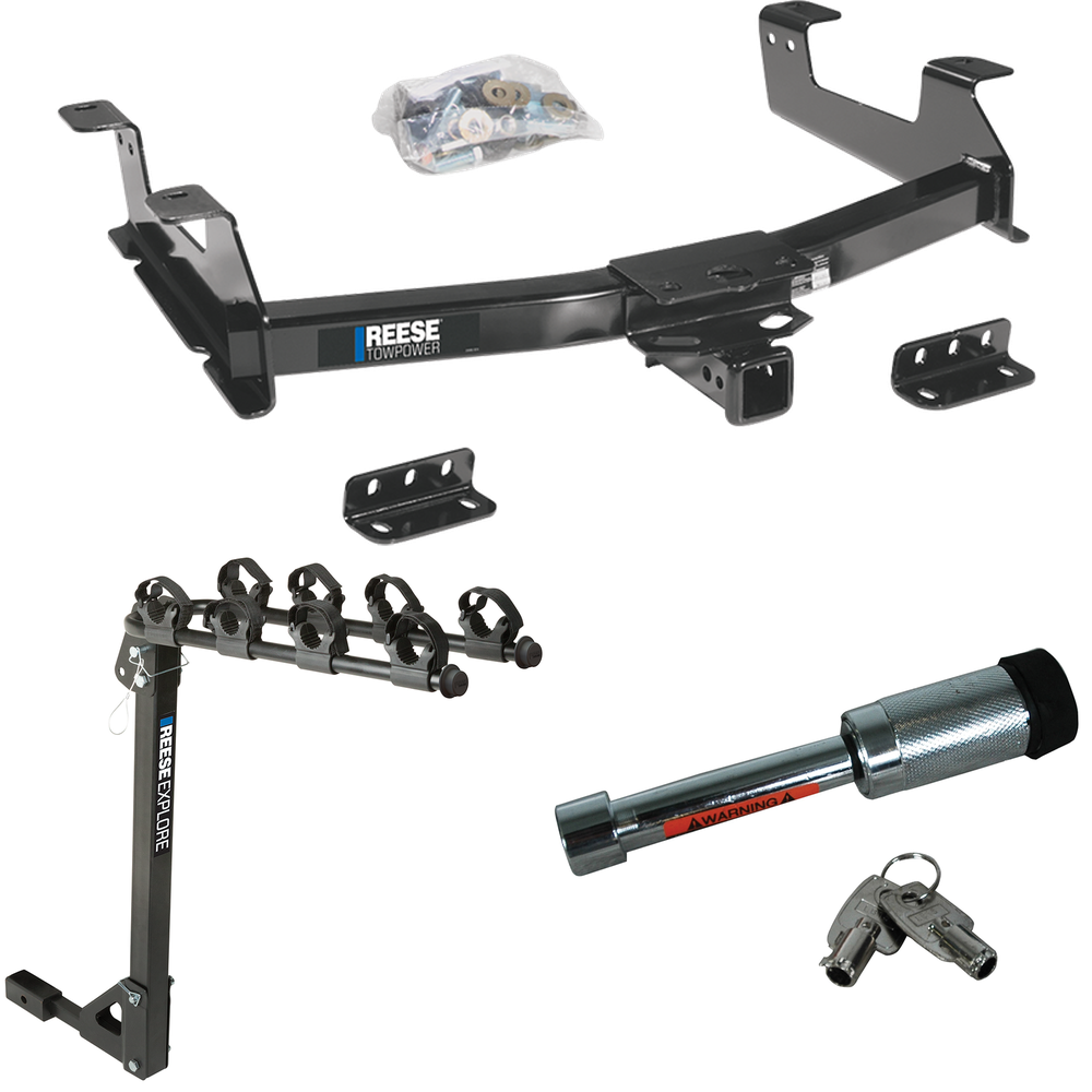 Fits 2011-2014 Chevrolet Silverado 3500 HD Trailer Hitch Tow PKG w/ 4 Bike Carrier Rack + Hitch Lock By Reese Towpower