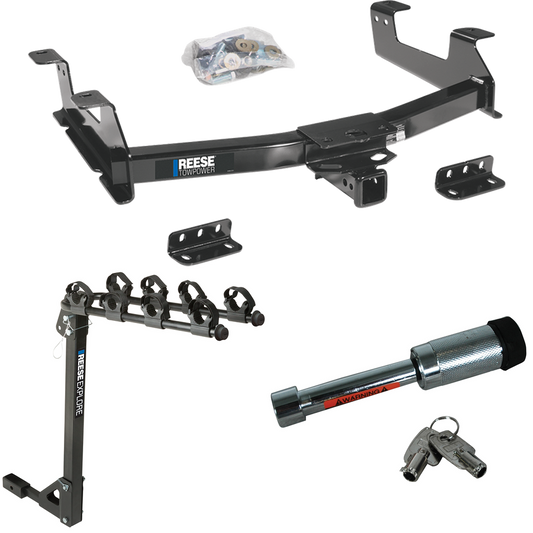 Fits 2011-2014 Chevrolet Silverado 3500 HD Trailer Hitch Tow PKG w/ 4 Bike Carrier Rack + Hitch Lock By Reese Towpower