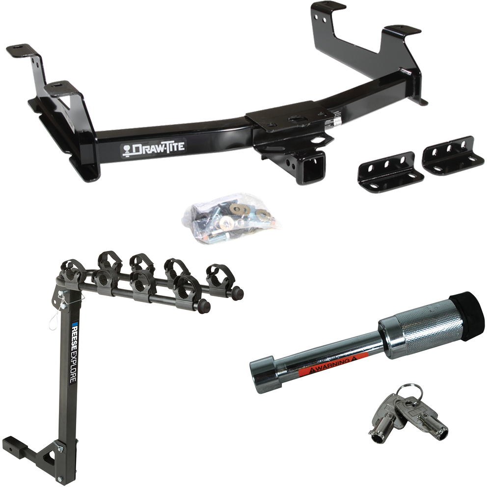 Fits 2011-2014 Chevrolet Silverado 3500 HD Trailer Hitch Tow PKG w/ 4 Bike Carrier Rack + Hitch Lock By Draw-Tite