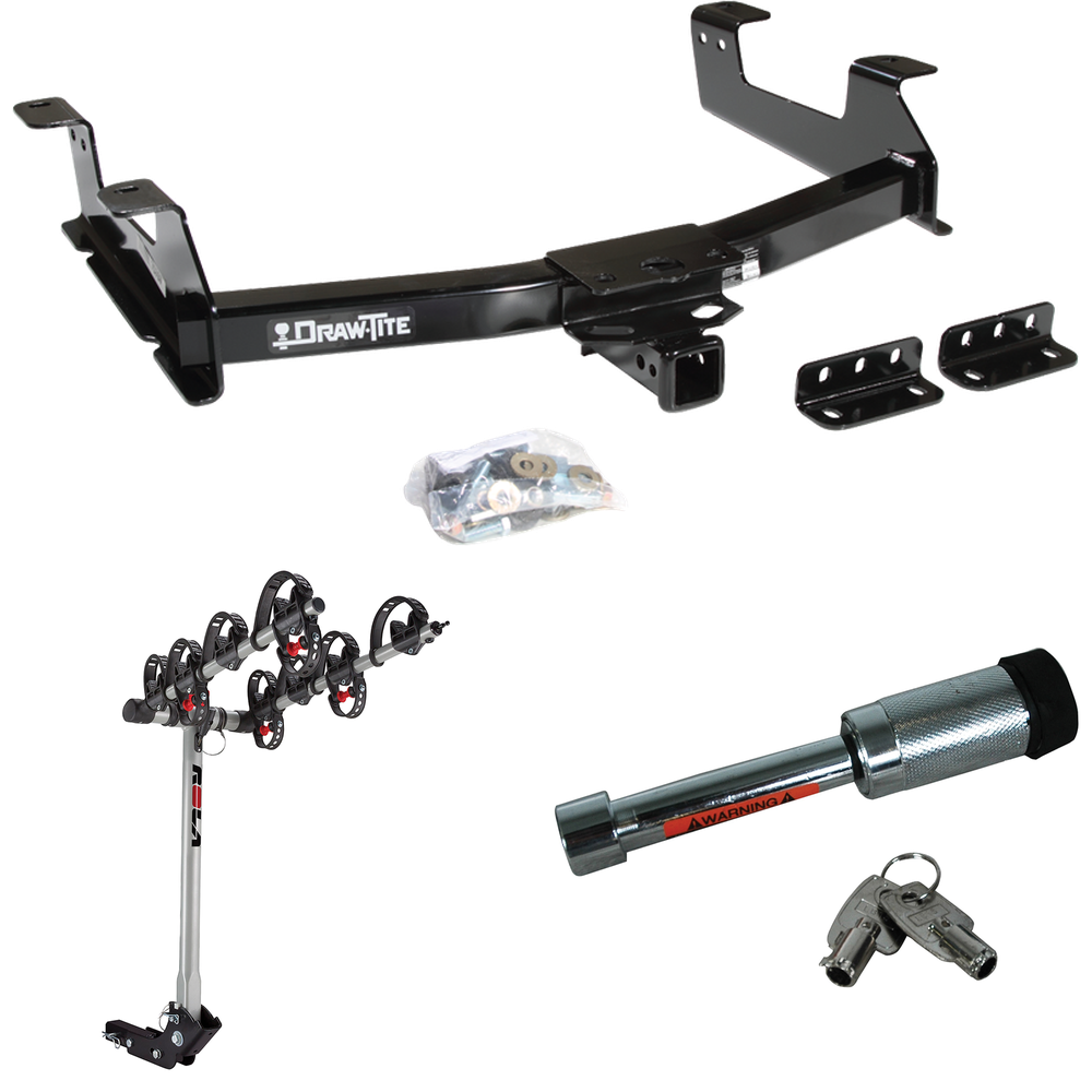 Fits 2011-2014 GMC Sierra 3500 HD Trailer Hitch Tow PKG w/ 4 Bike Carrier Rack + Hitch Lock By Draw-Tite