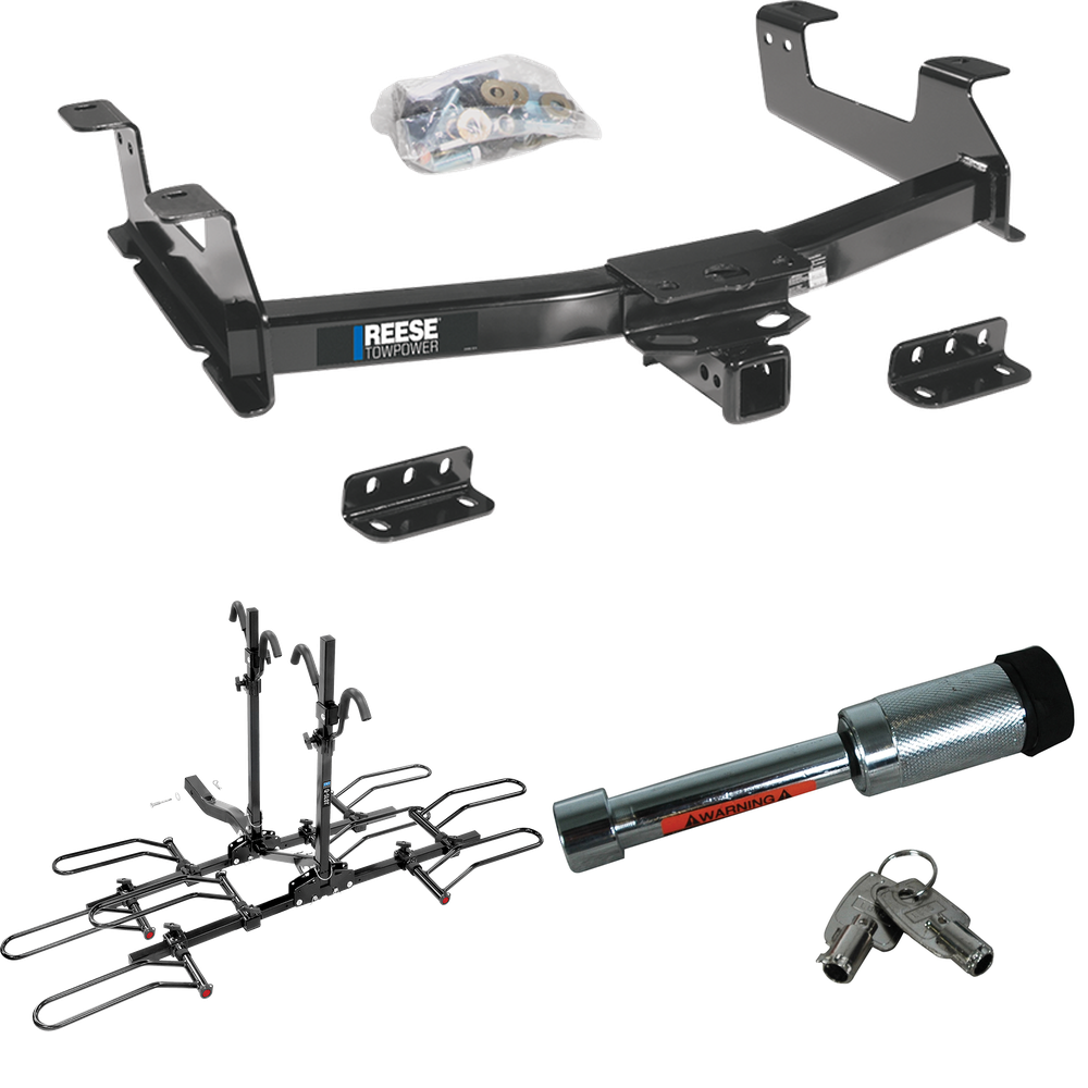 Fits 2011-2014 GMC Sierra 3500 HD Trailer Hitch Tow PKG w/ 4 Bike Plaform Style Carrier Rack + Hitch Lock By Reese Towpower