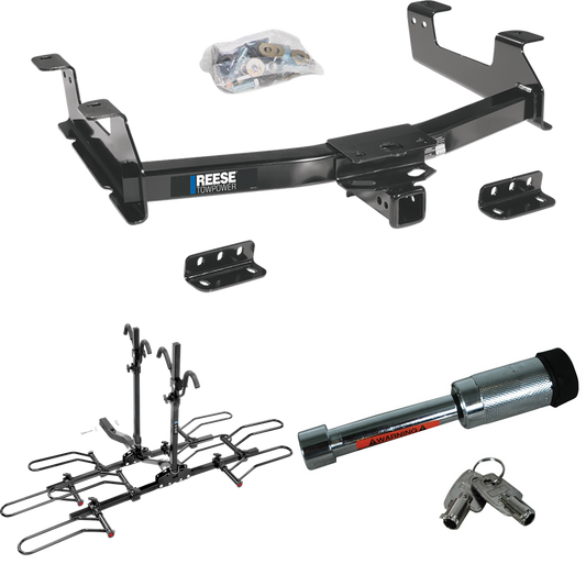 Fits 2011-2014 GMC Sierra 3500 HD Trailer Hitch Tow PKG w/ 4 Bike Plaform Style Carrier Rack + Hitch Lock By Reese Towpower