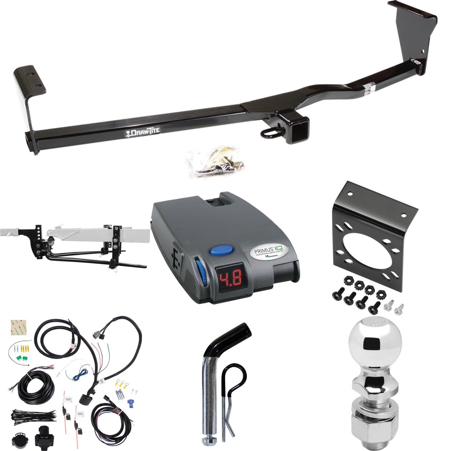 Fits 2011-2013 KIA Sorento Trailer Hitch Tow PKG w/ 6K Round Bar Weight Distribution Hitch w/ 2-5/16" Ball + 2" Ball + Pin/Clip + Tekonsha Primus IQ Brake Control + 7-Way RV Wiring (For EX, w/V6 Engine, w/Factory Tow Package Models) By Draw-Tite