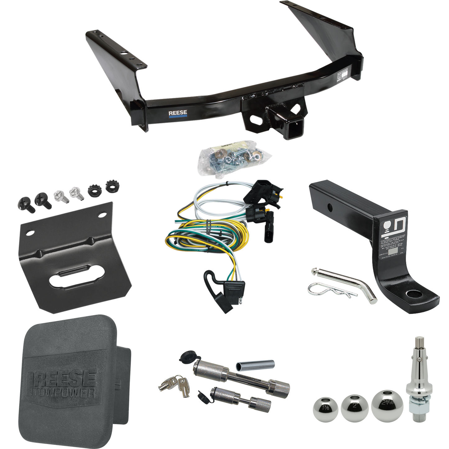 Fits 1997-2003 Ford F-150 Trailer Hitch Tow PKG w/ 4-Flat Wiring + Ball Mount w/ 4" Drop + Interchangeable Ball 1-7/8" & 2" & 2-5/16" + Wiring Bracket + Dual Hitch & Coupler Locks + Hitch Cover (For Flareside Models) By Reese Towpower