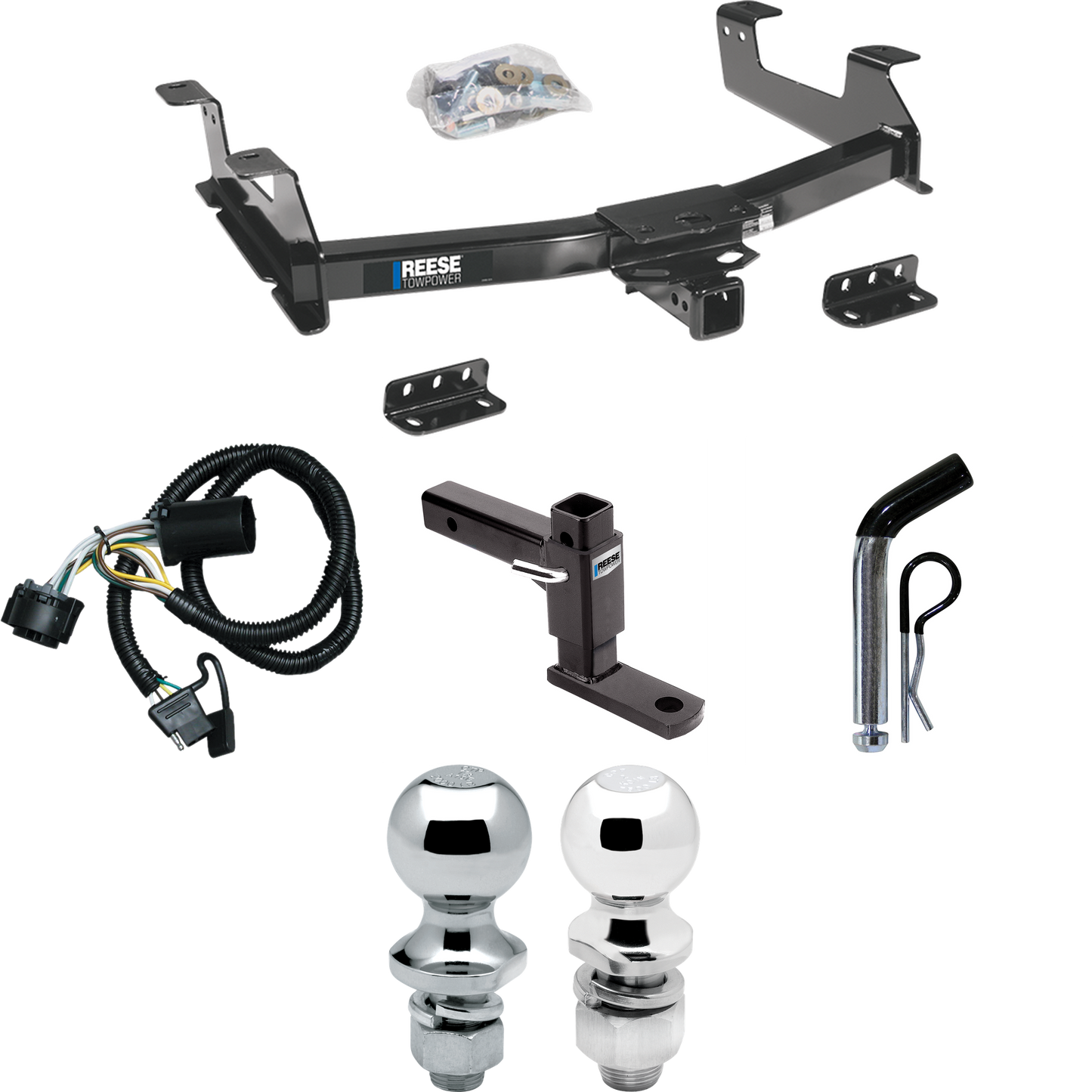 Fits 2011-2014 GMC Sierra 3500 HD Trailer Hitch Tow PKG w/ 4-Flat Wiring + Adjustable Drop Rise Ball Mount + Pin/Clip + 2" Ball + 1-7/8" Ball By Reese Towpower